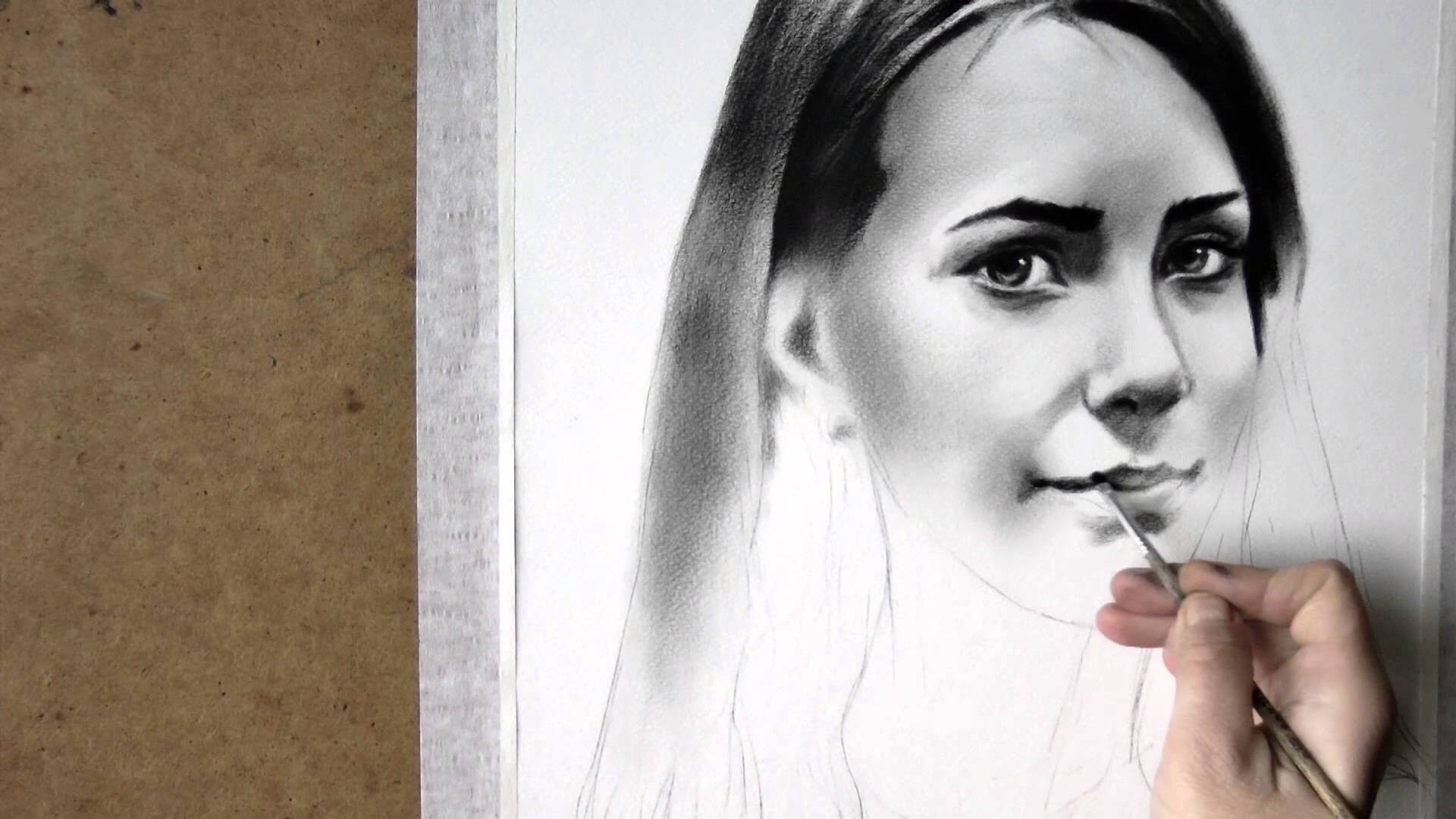 Black and white realistic speed drawing of woman portrait in dry ...