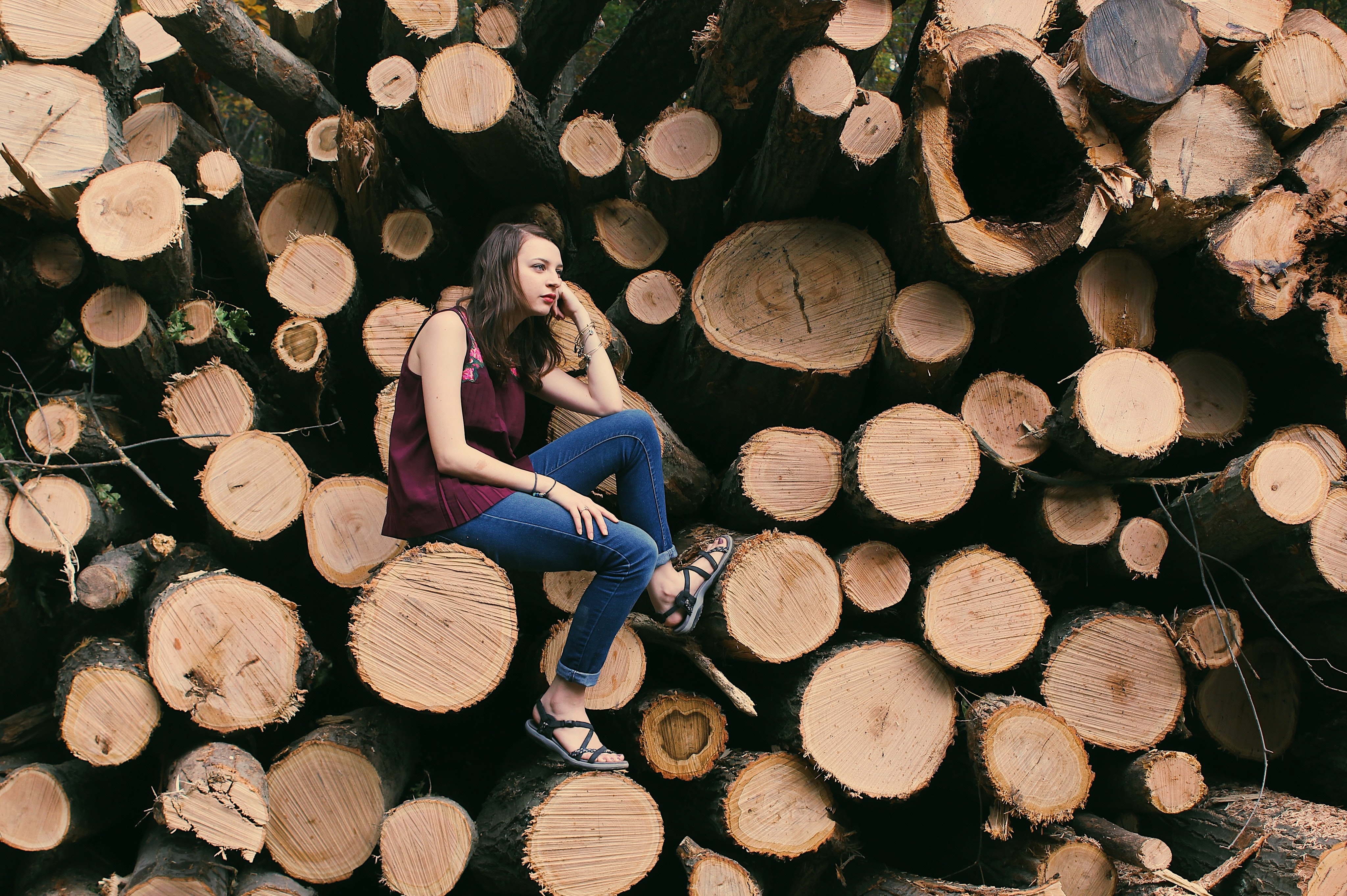 Photography of a Woman Sitting on a Log, Chopped, Sitting, Wooden logs, Wooden, HQ Photo