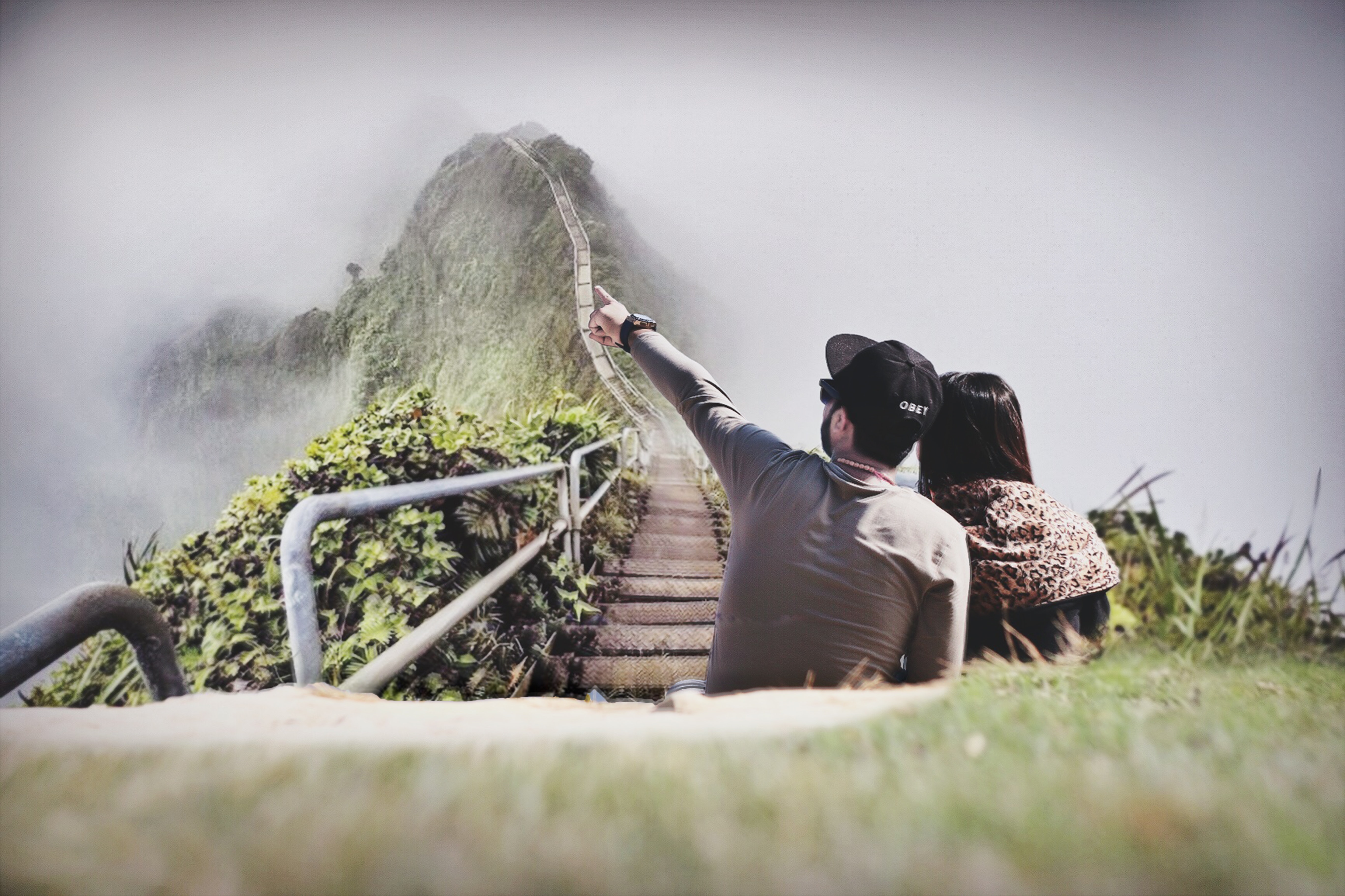 Photography of Couple Sitting on Green Grass Near Bridge, Beautiful, Love, Woman, Travel, HQ Photo