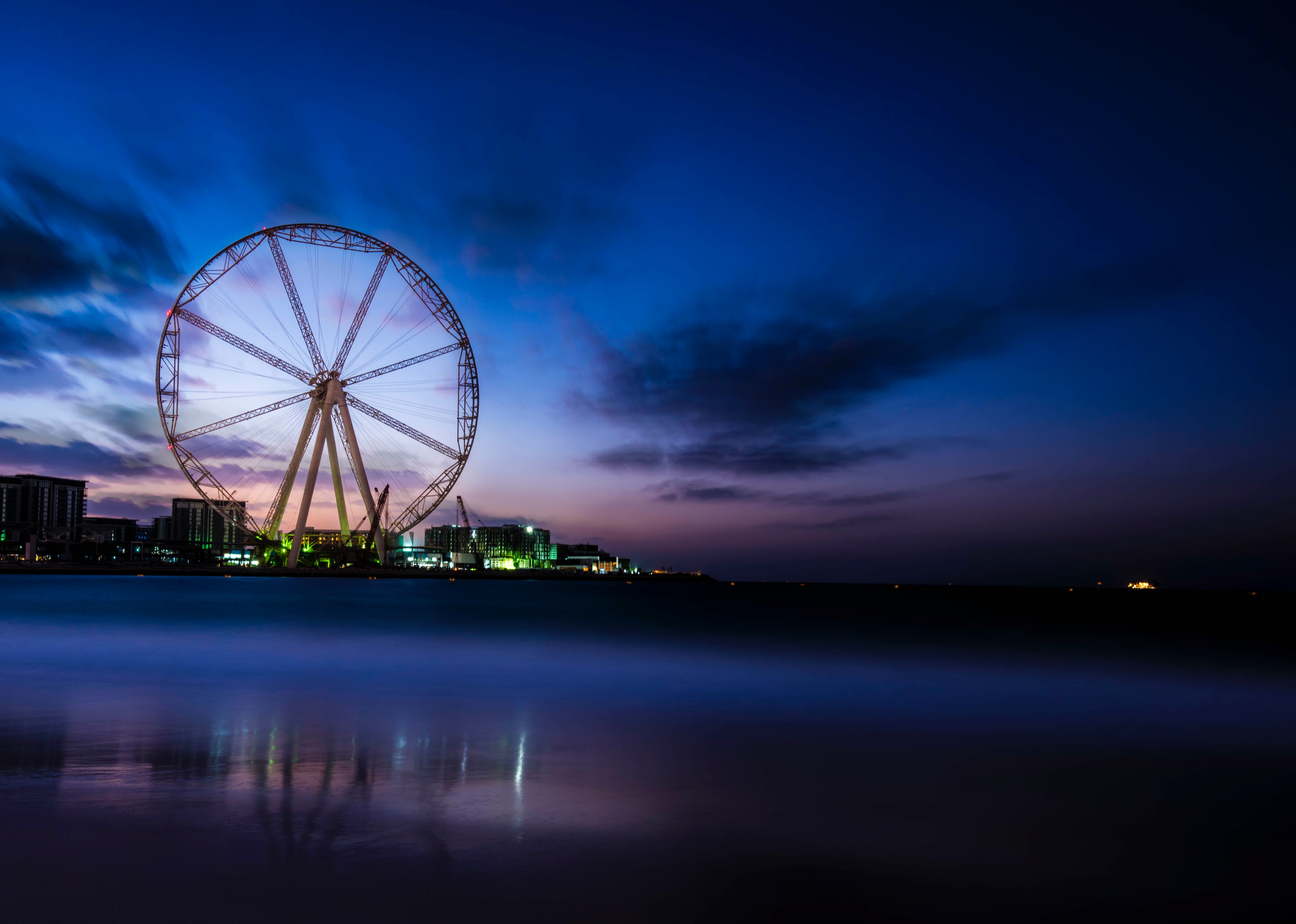 Photography Of Ferris Wheel Near Body Of Water, Amusement park, City, Dark, Evening, HQ Photo