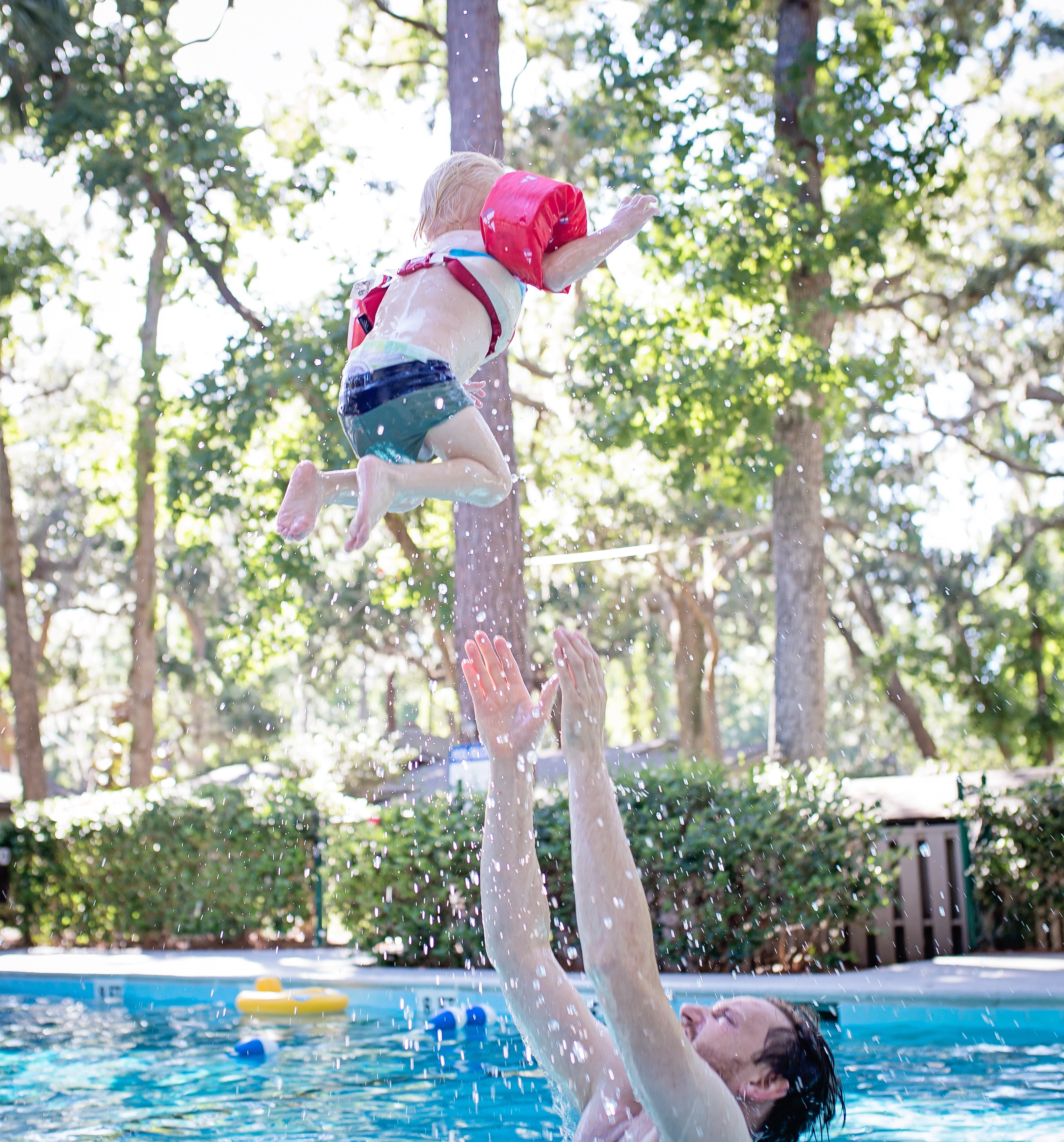 Photography of Man on Swimming Pool Tossing Toddler Above Pool, Active, Outdoors, Wet, Water, HQ Photo