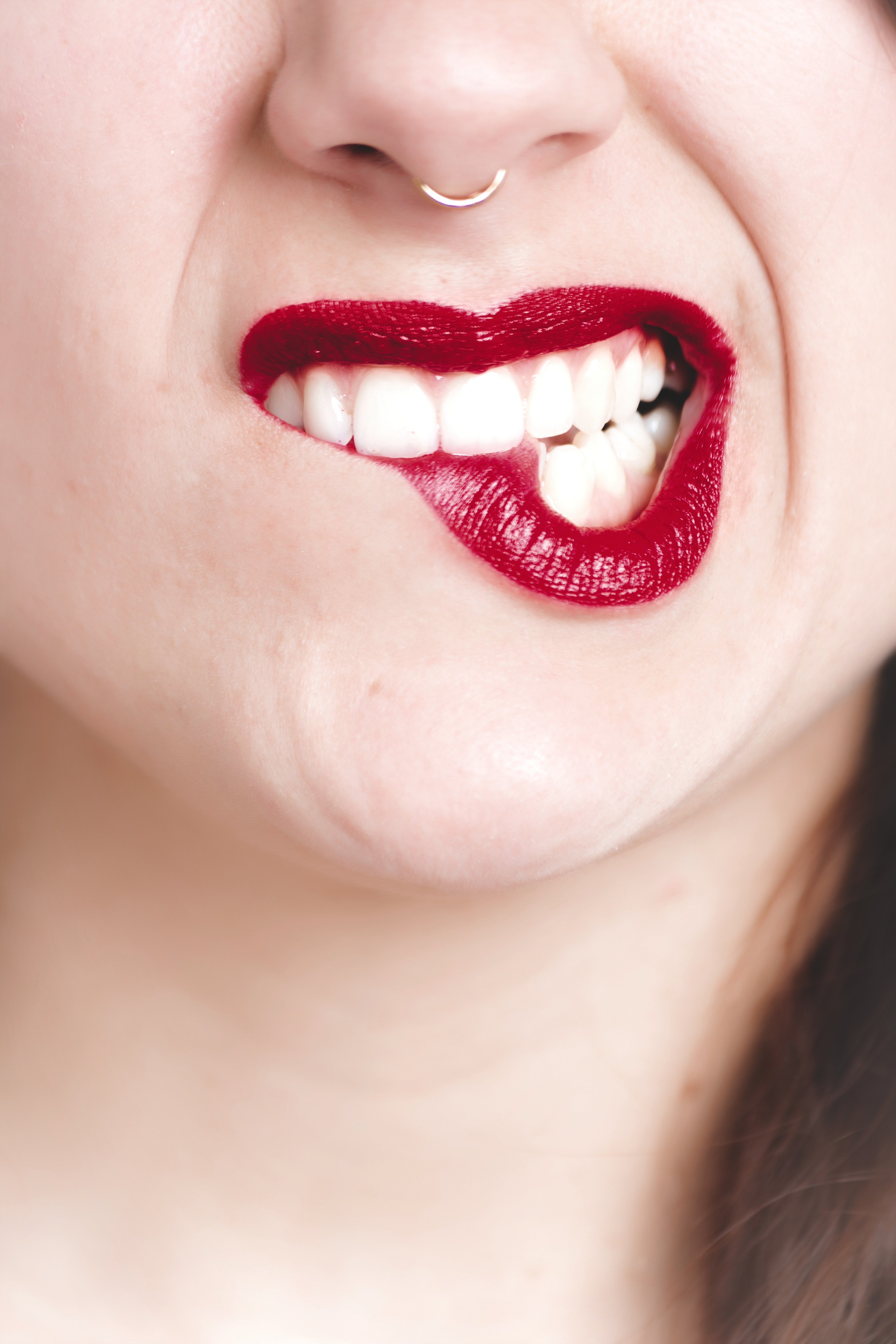 Photography of Woman's Red Lip, Nose ring, Young, Woman, Teeth, HQ Photo