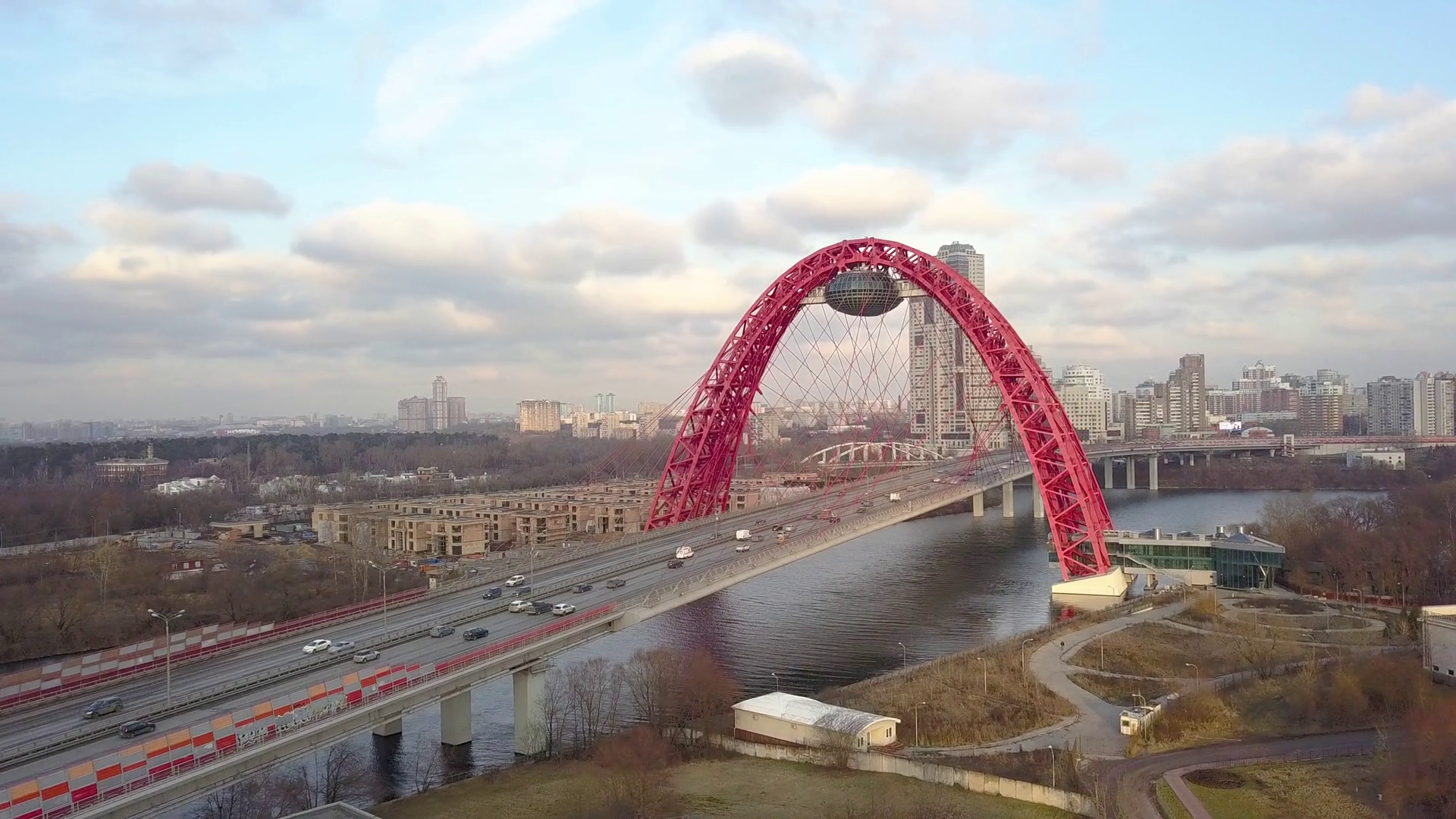 Car moving on Picturesque bridge over Moscow river aerial view Stock ...
