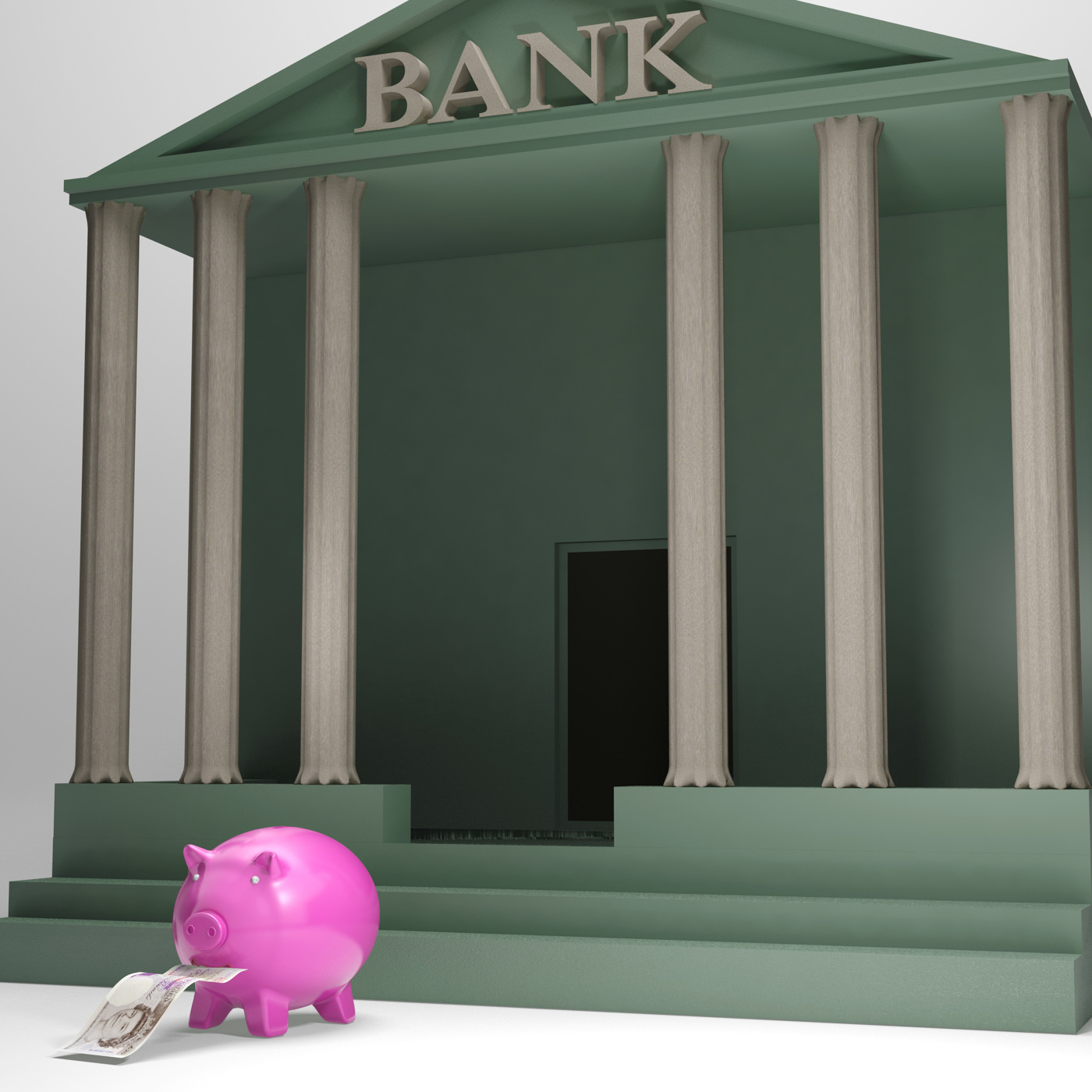 Piggybank leaving bank shows money withdrawal photo