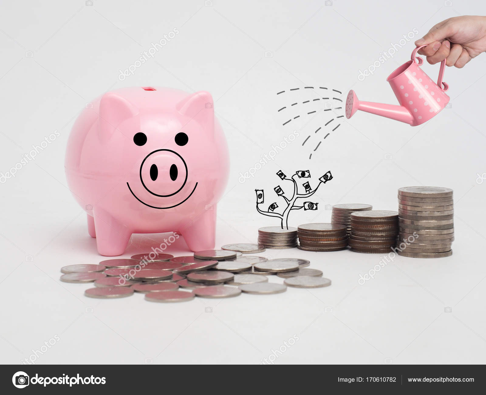 Pink piggy bank filled with coins on white background.Saving i ...