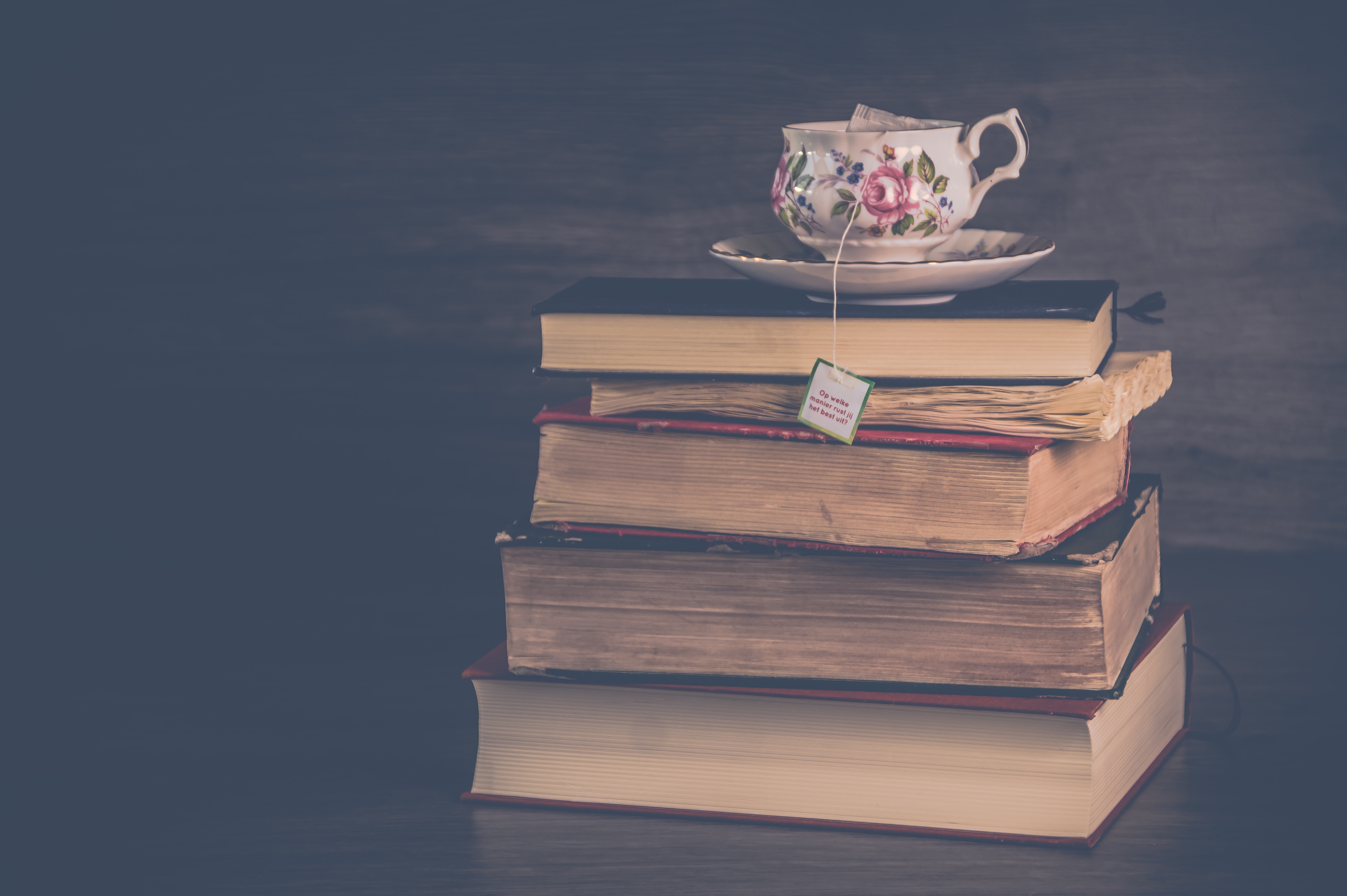 Pile of hardbound books with white and pink floral ceramic teacup and saucer photo