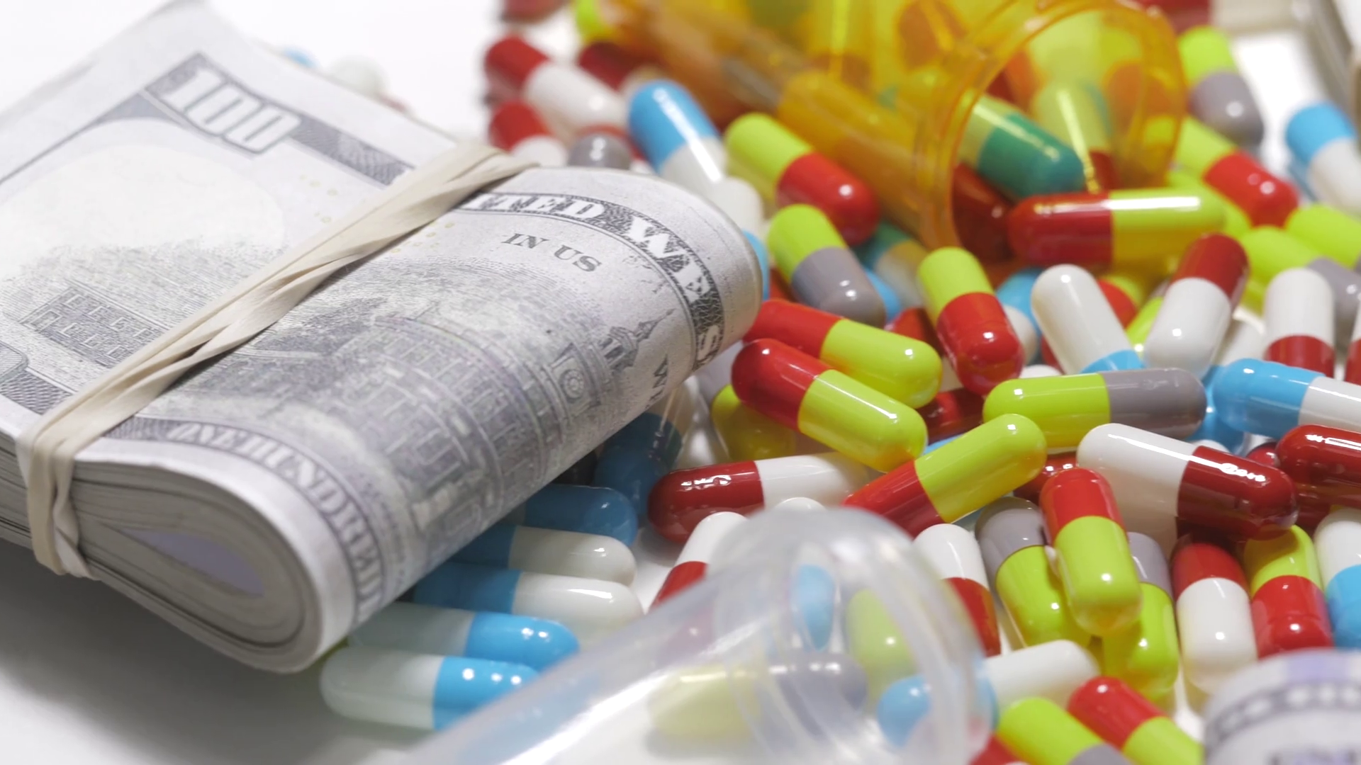 4K Medication Drugs Pills and Cash Money on a Table Stock Video ...