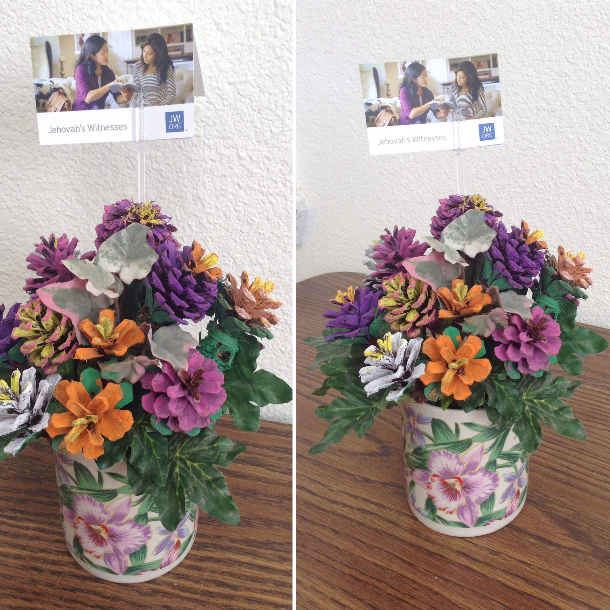 Painted pine cone flower arrangement brought to nursing home bible ...