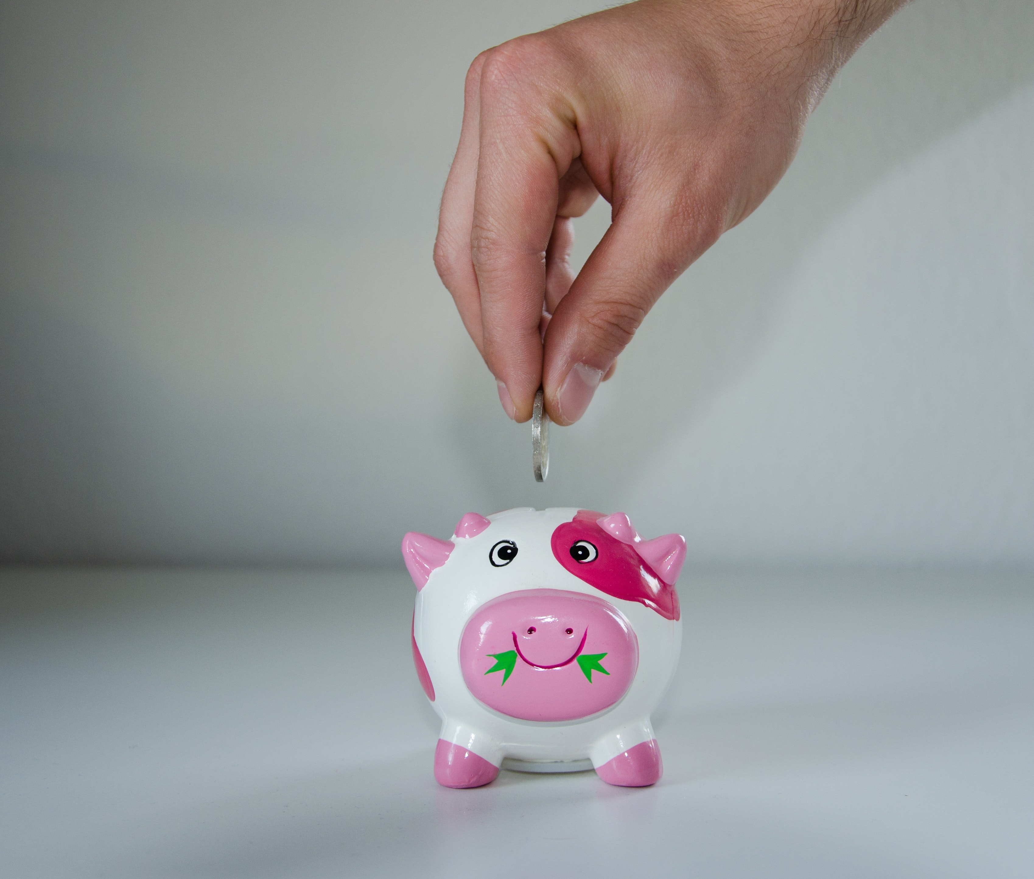 Pink and White Ceramic Pig Coin Bank, Coin, Hand, Money, Save, HQ Photo