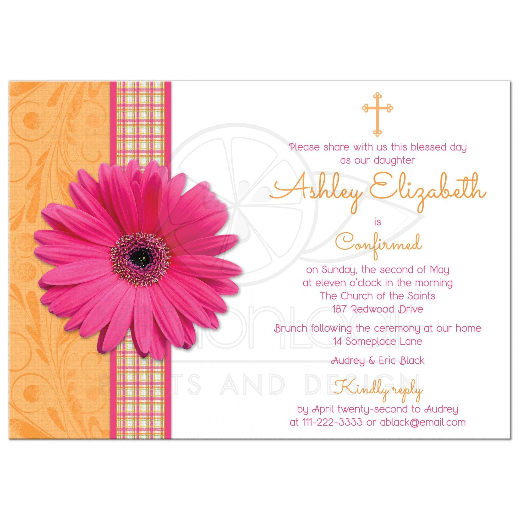 Confirmation Invitation | Pink Gerbera Daisy Orange Plaid