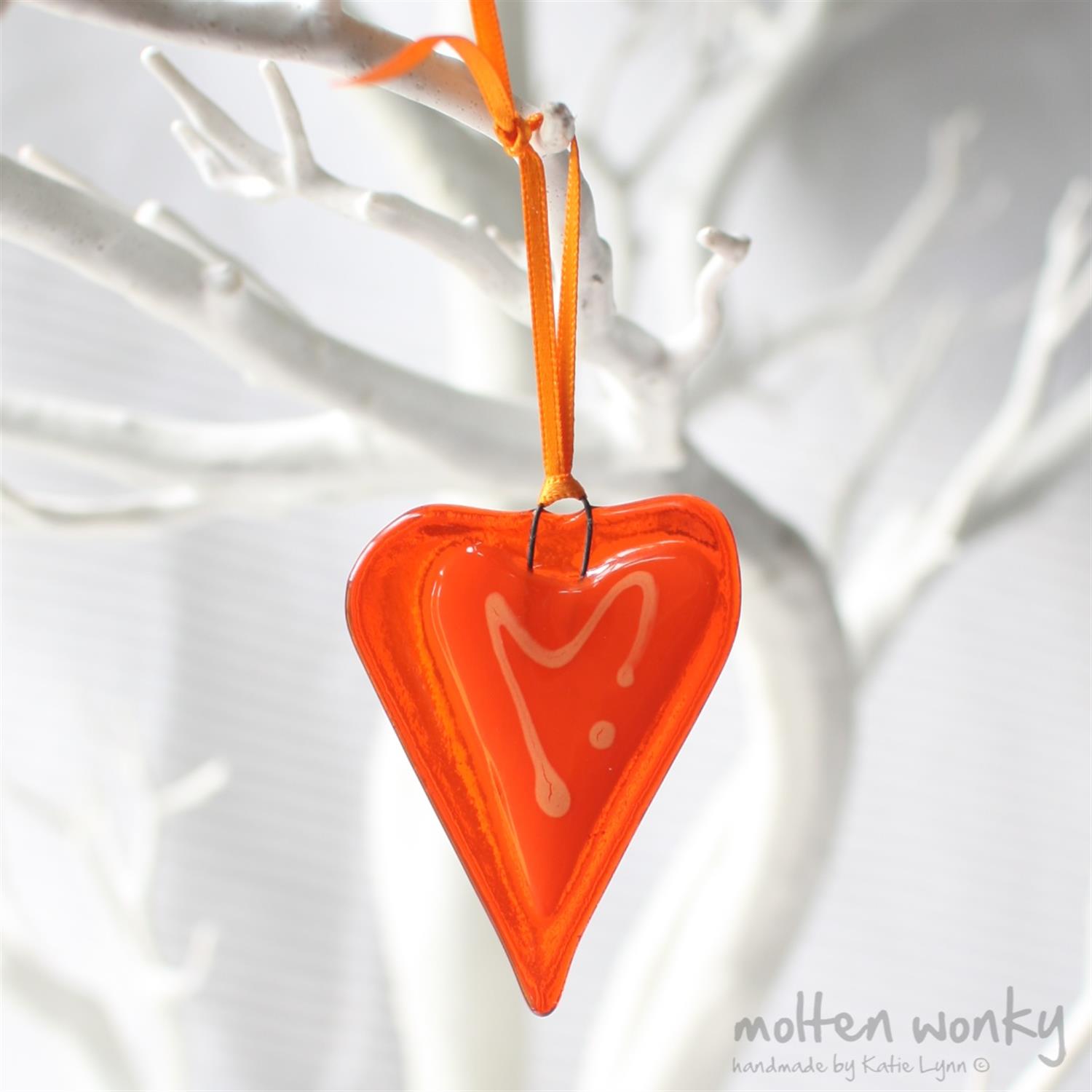 Orange Fused Glass Little Love Heart Decoration Gift by Molten Wonky