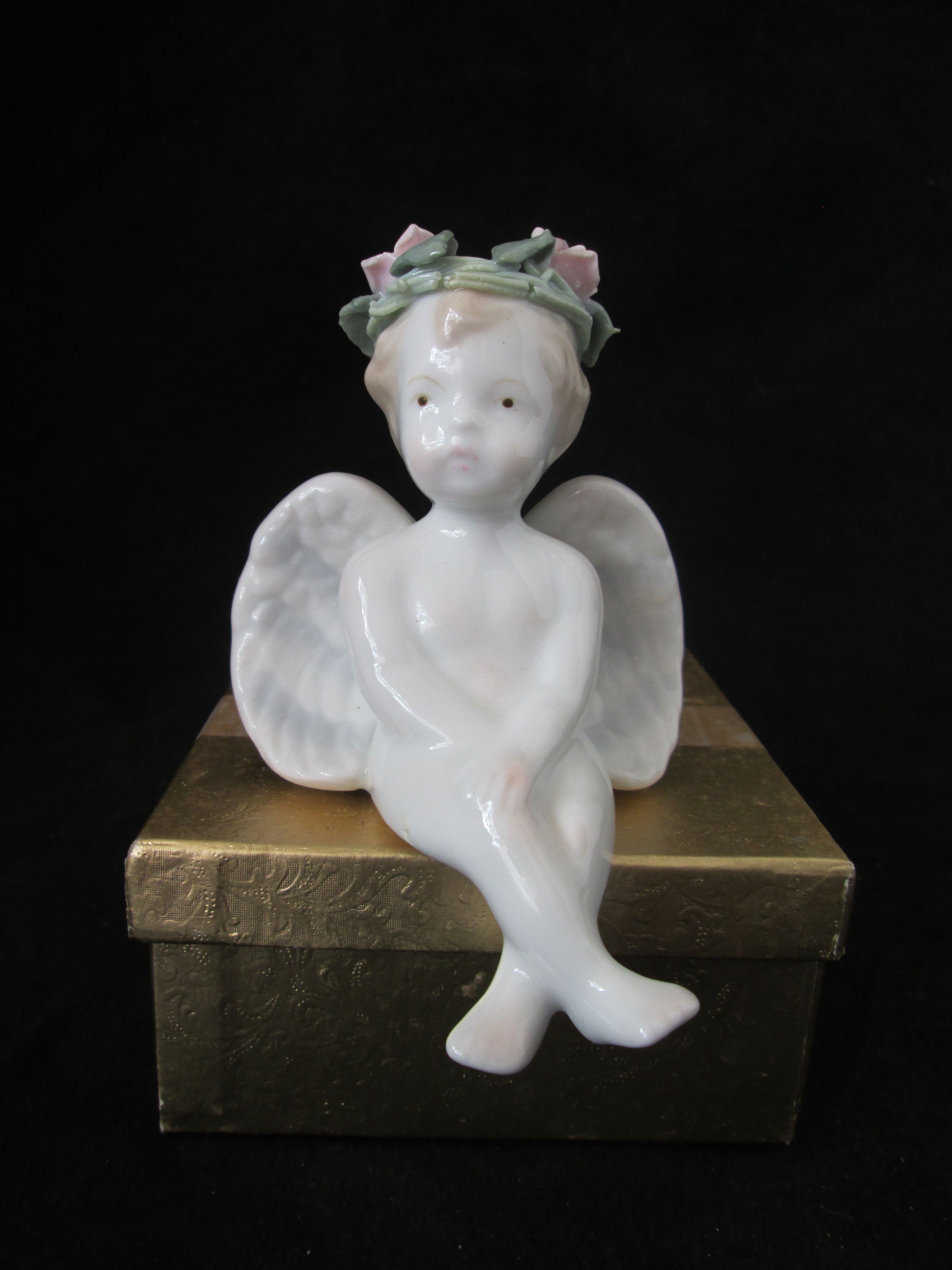 Shelf Sitting Angel Cherub Crown of Pink Roses Fine Porcelain ...