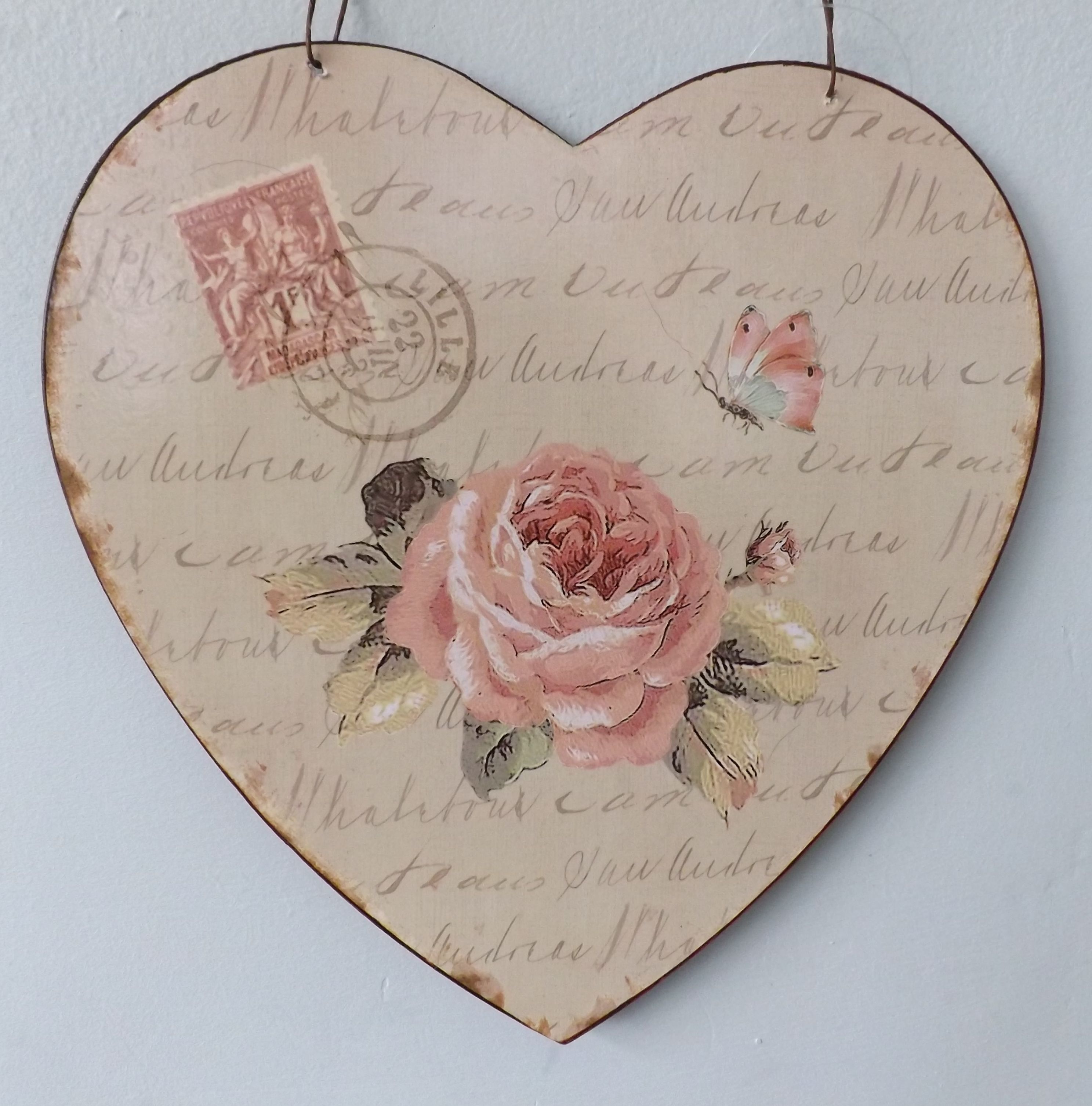 Shabby Vintage French Chic Tin Plaque Lille Pink Rose Butterfly ...