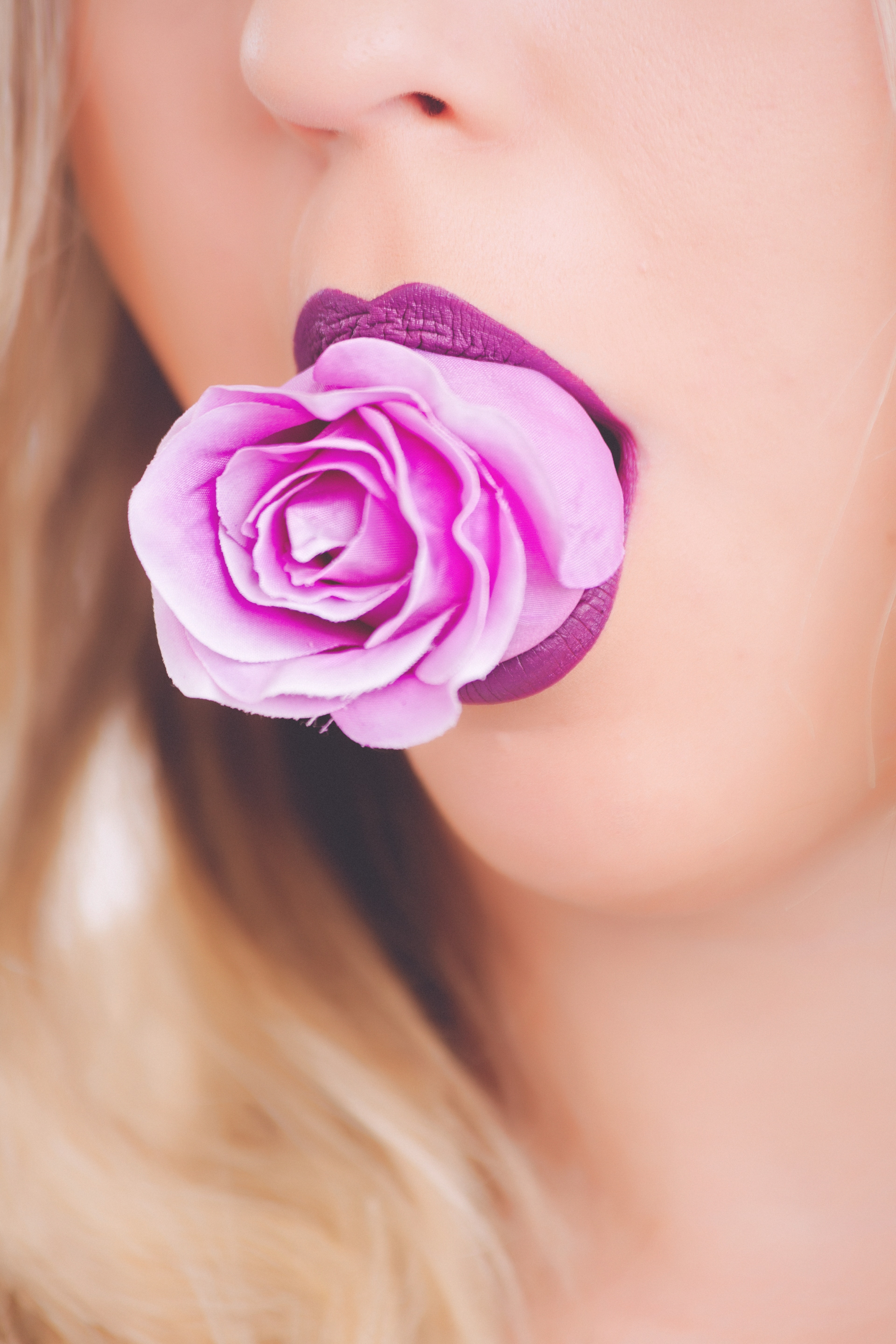 Pink rose flower on woman's mouth photo