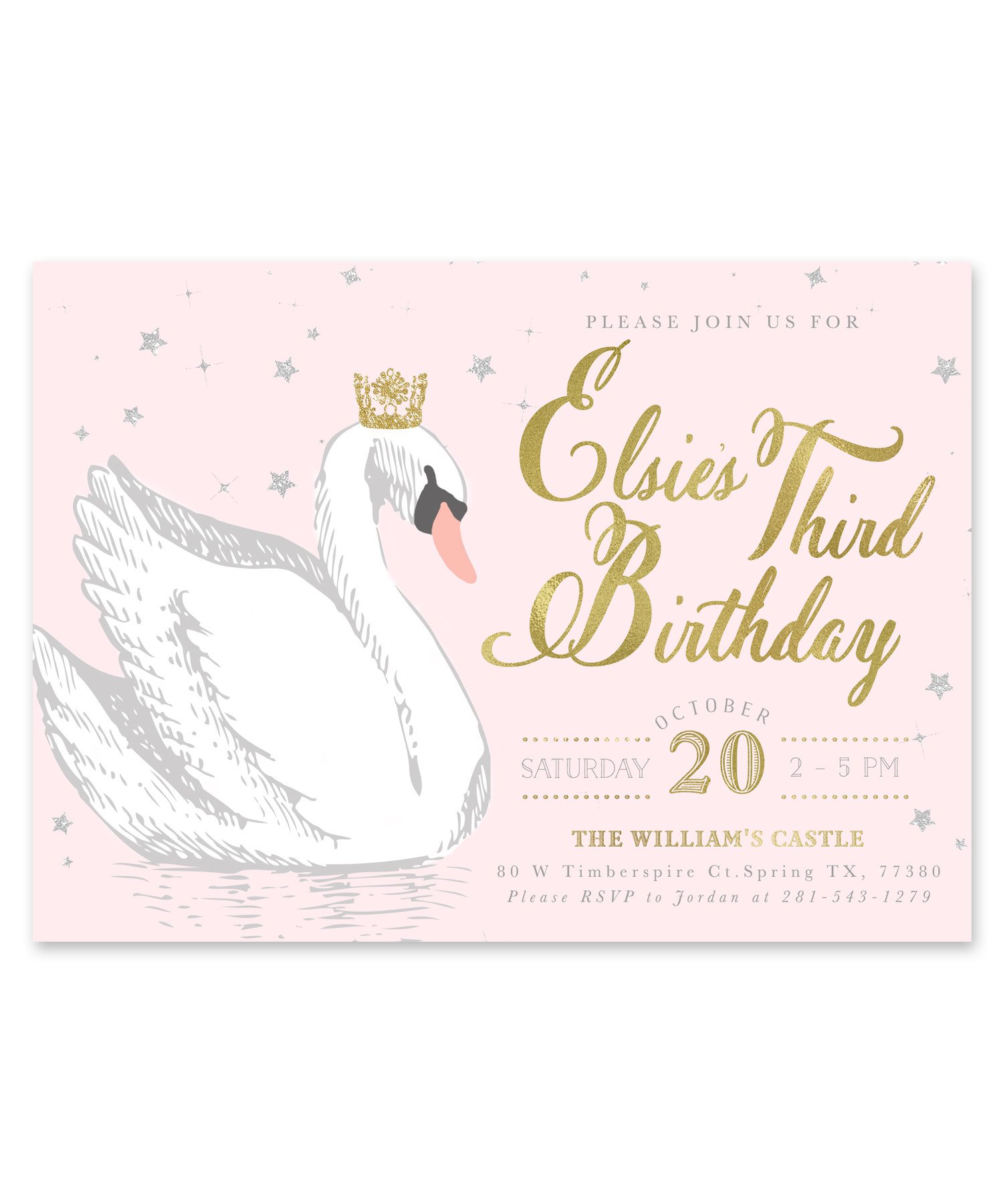 Elsie Swan Princess: Birthday Party Invitation for Girl. Light Pink ...