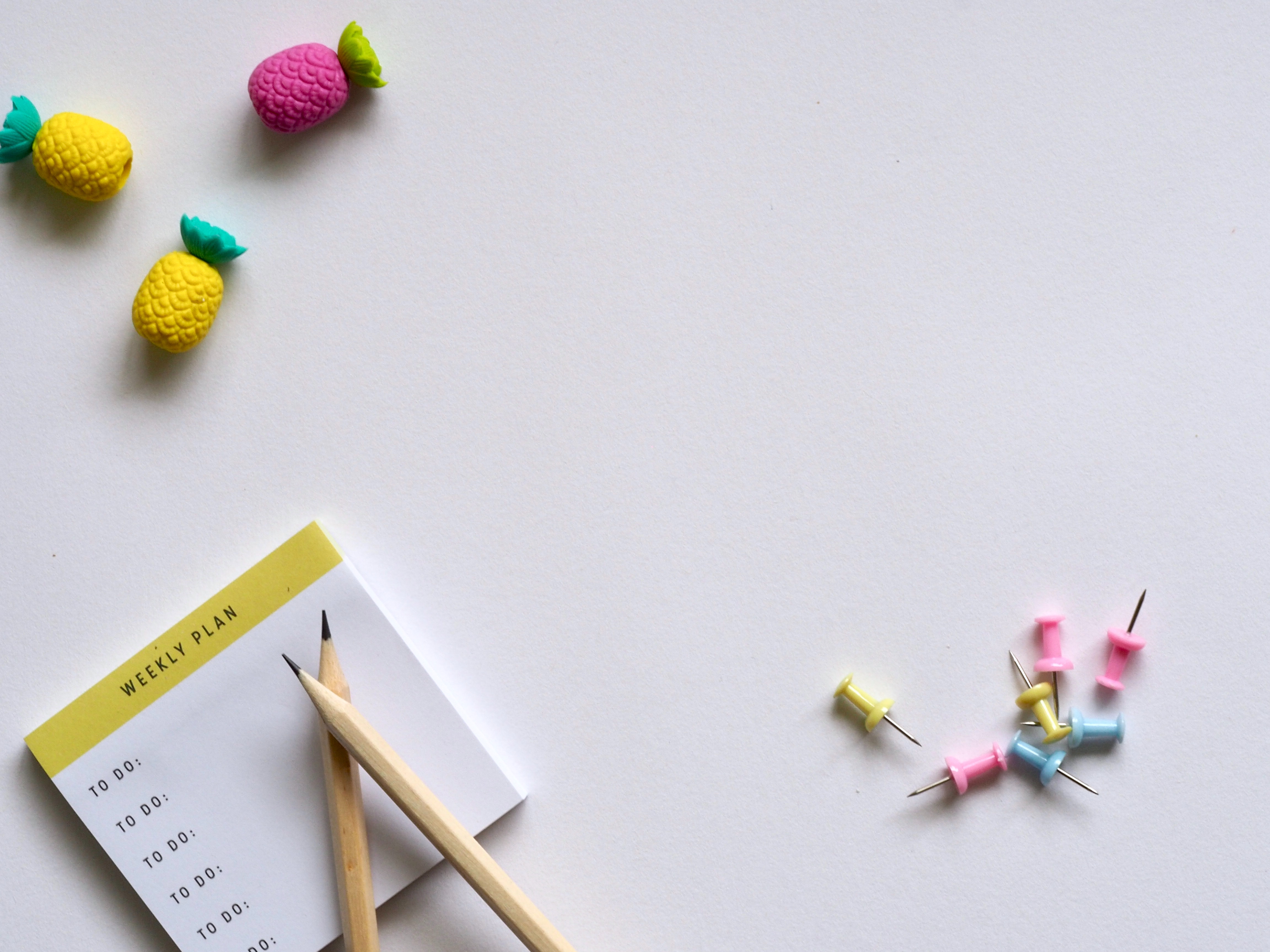 Pink, Yellow, and Blue Push Pins and Brown Pencil, Close-up, Desk, Flatlay, Indoors, HQ Photo