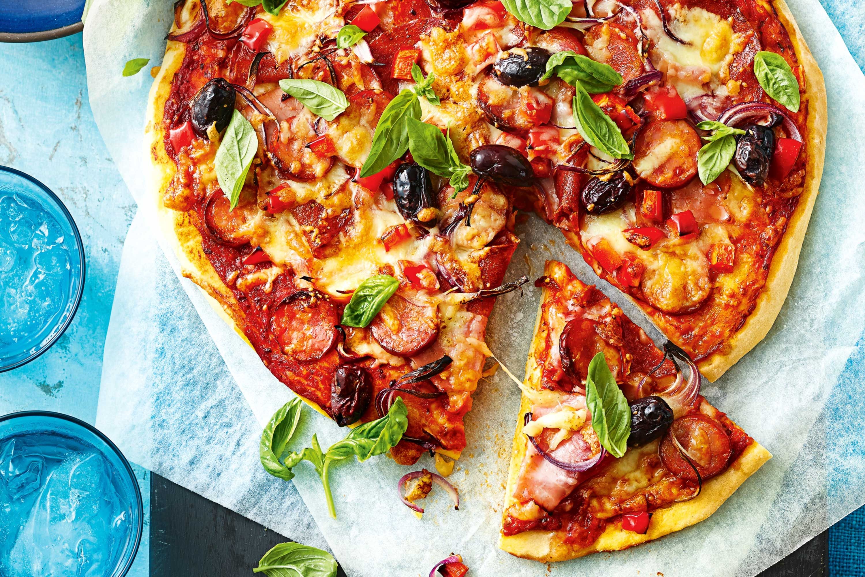Chorizo, salami and olive pizza