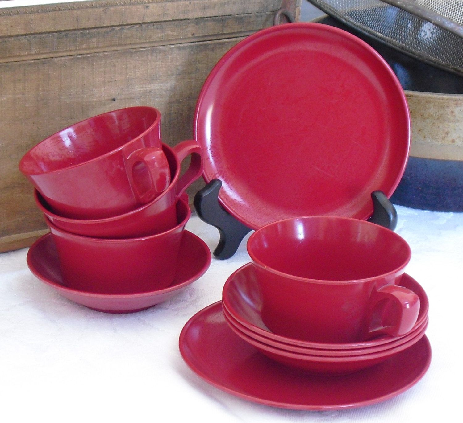Vintage Red Melamine Cups, Bowls, Plates, Allied Chemical, 1950s ...