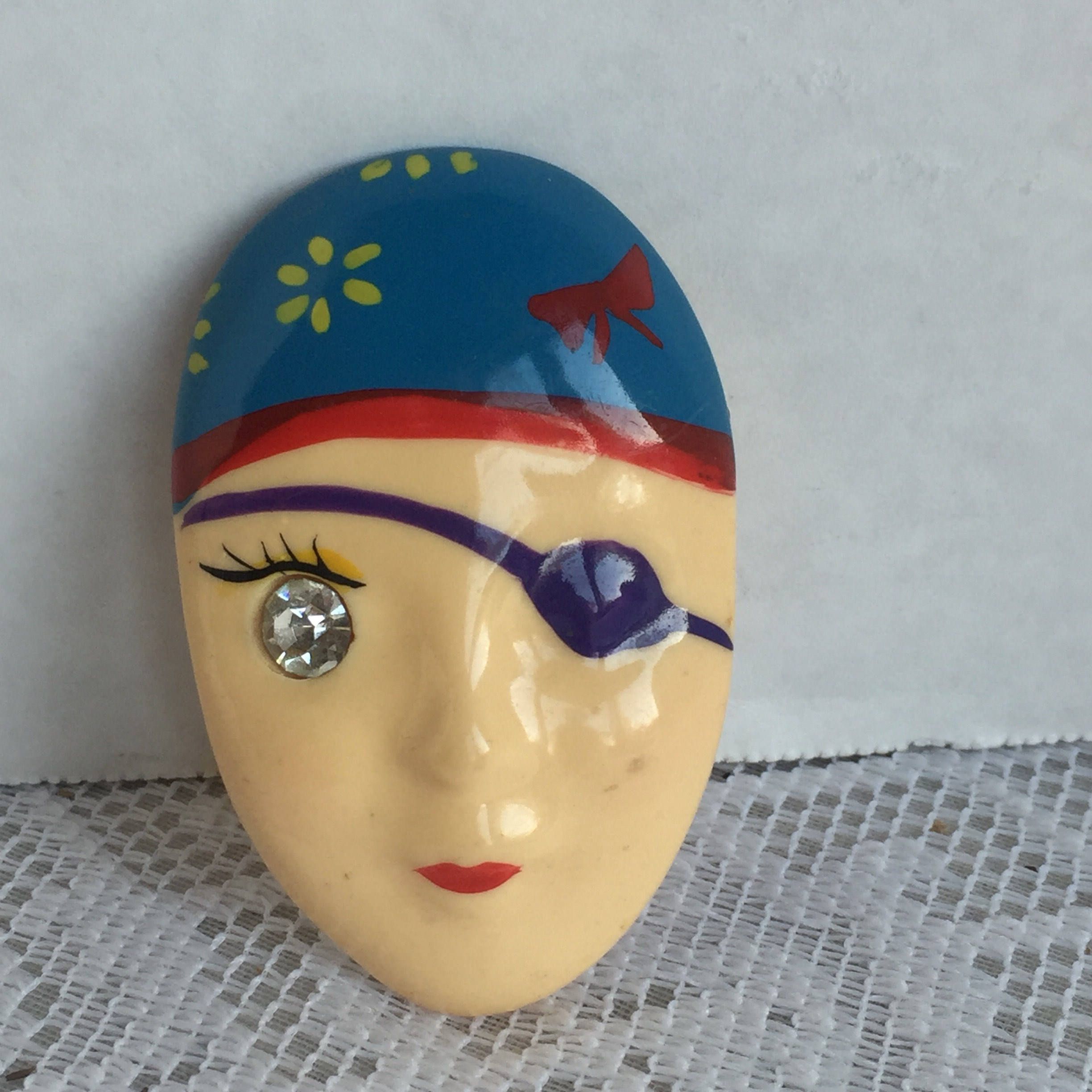 Vintage Plastic Head Pin / Rhinestone Eye Gypsy Brooch / Made in ...