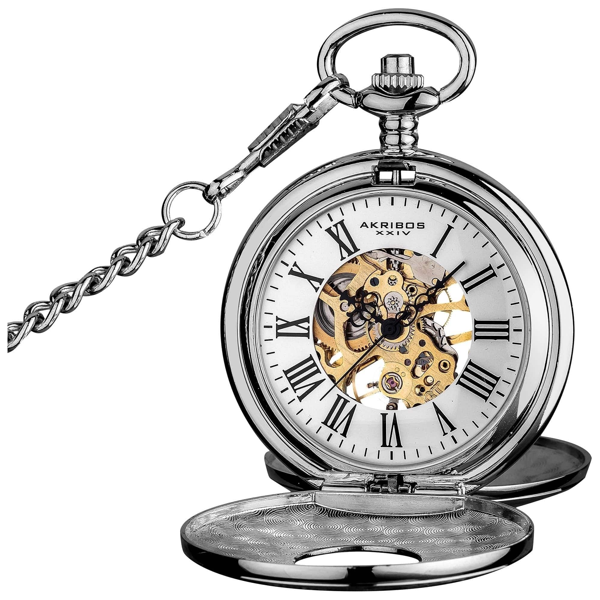 Akribos XXIV Men's Antique Mechanical Skeleton Chain Pocket Watch ...