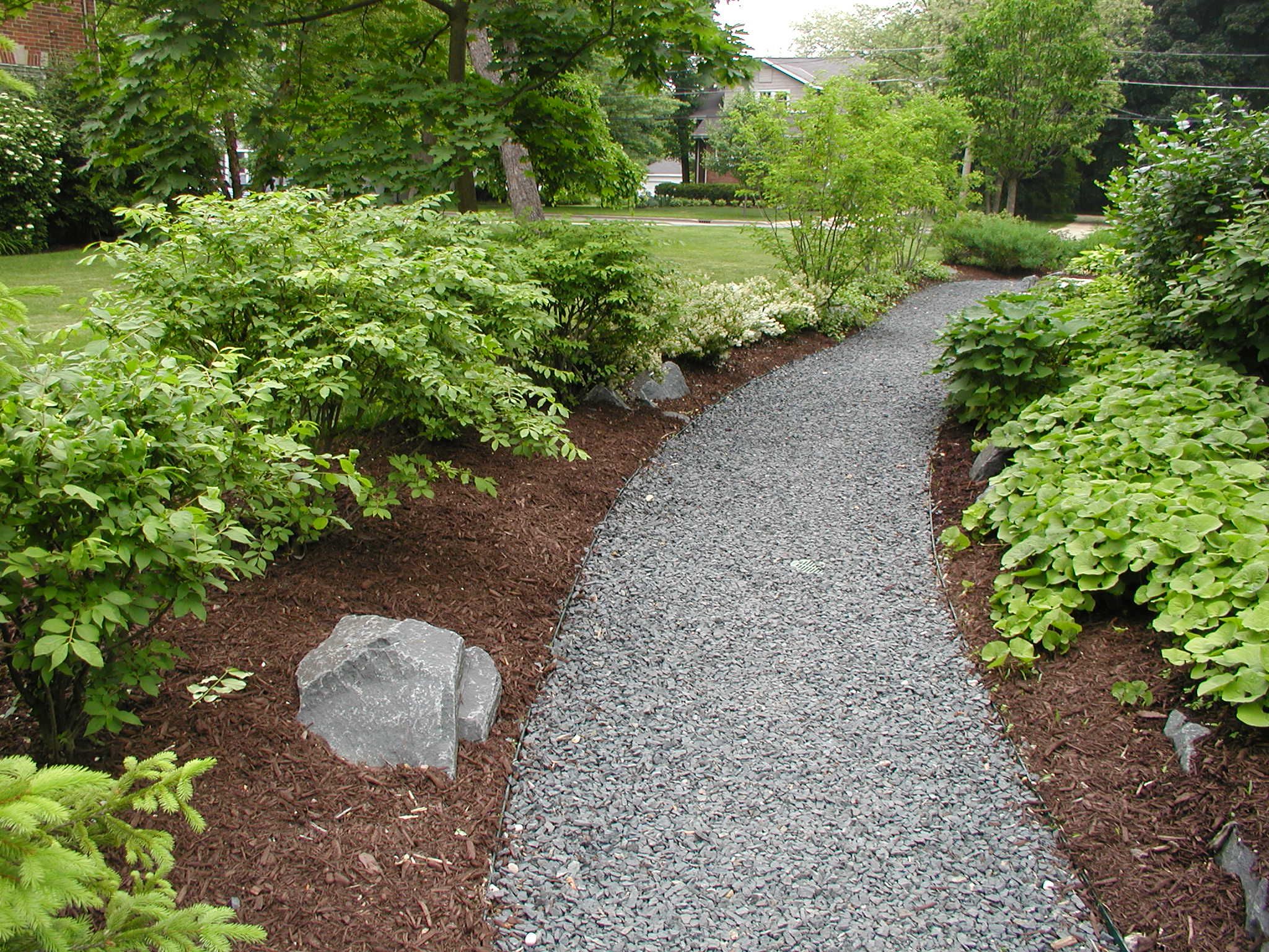 Grey gravel garden path, #78 gravel (angular) doesn't migrate much ...
