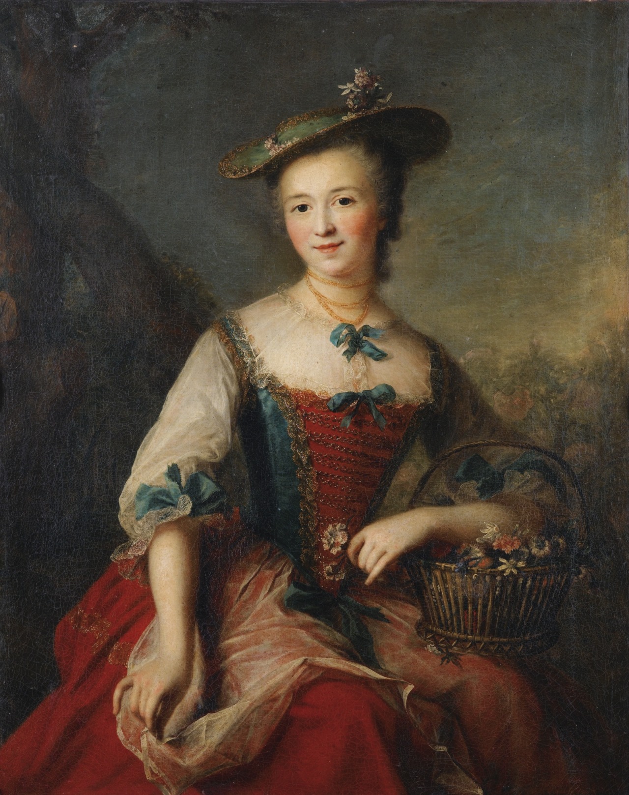A portrait of a lady holding a flower basket by Marianne Loir (1715 ...