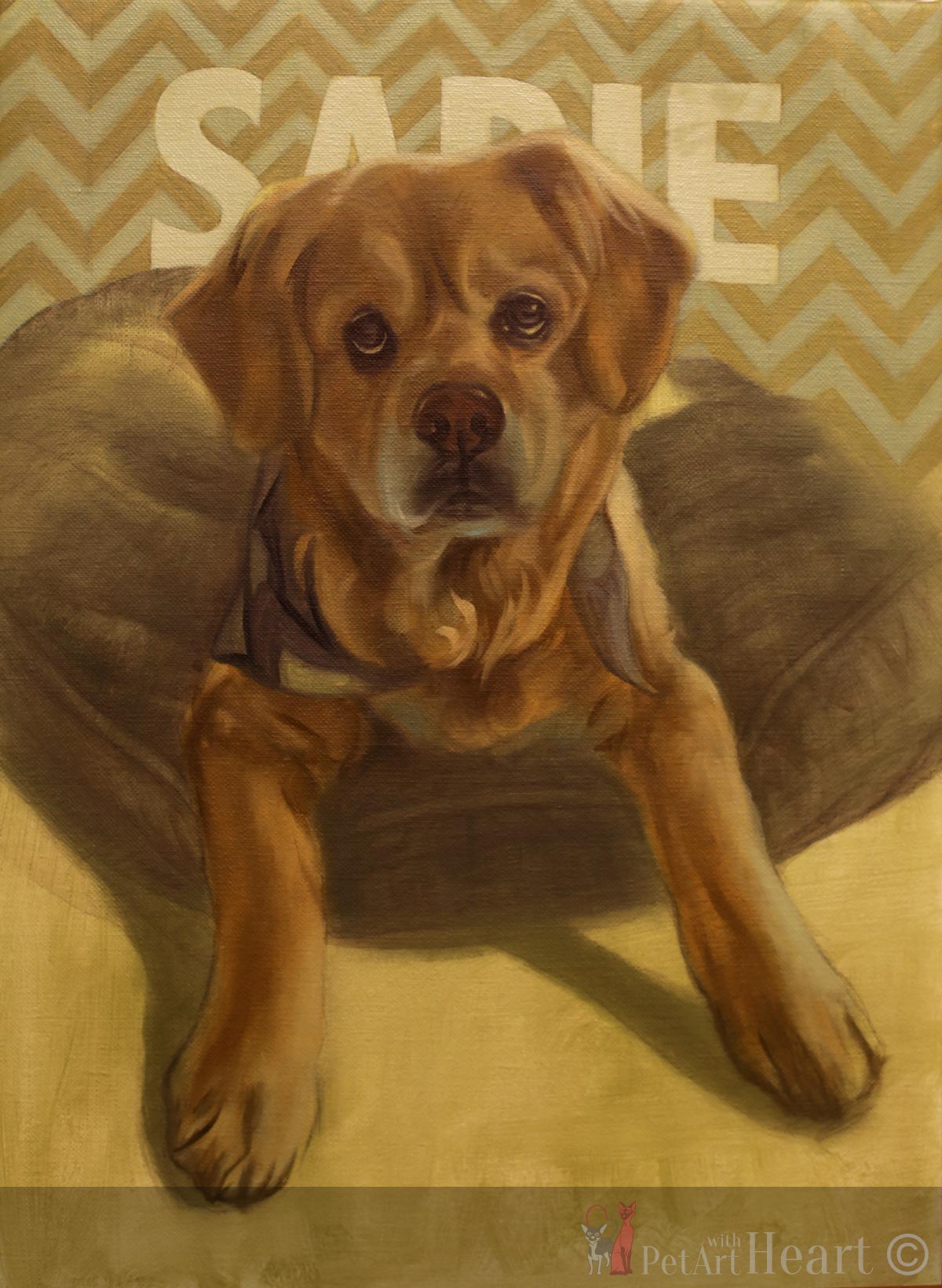 Oil portrait of Dog Sadie - Blocking In Stage - On The Easel