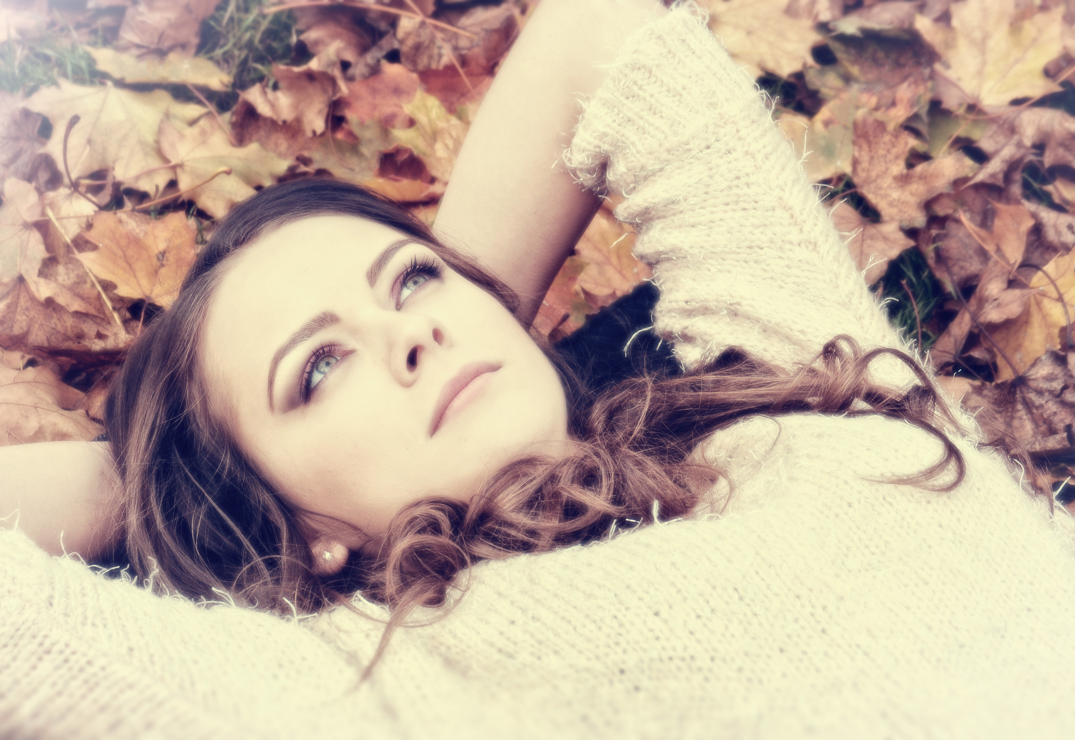 Portrait of Dreamy Woman on Autumn Leaves, Adult, Pleasure, Person, People, HQ Photo