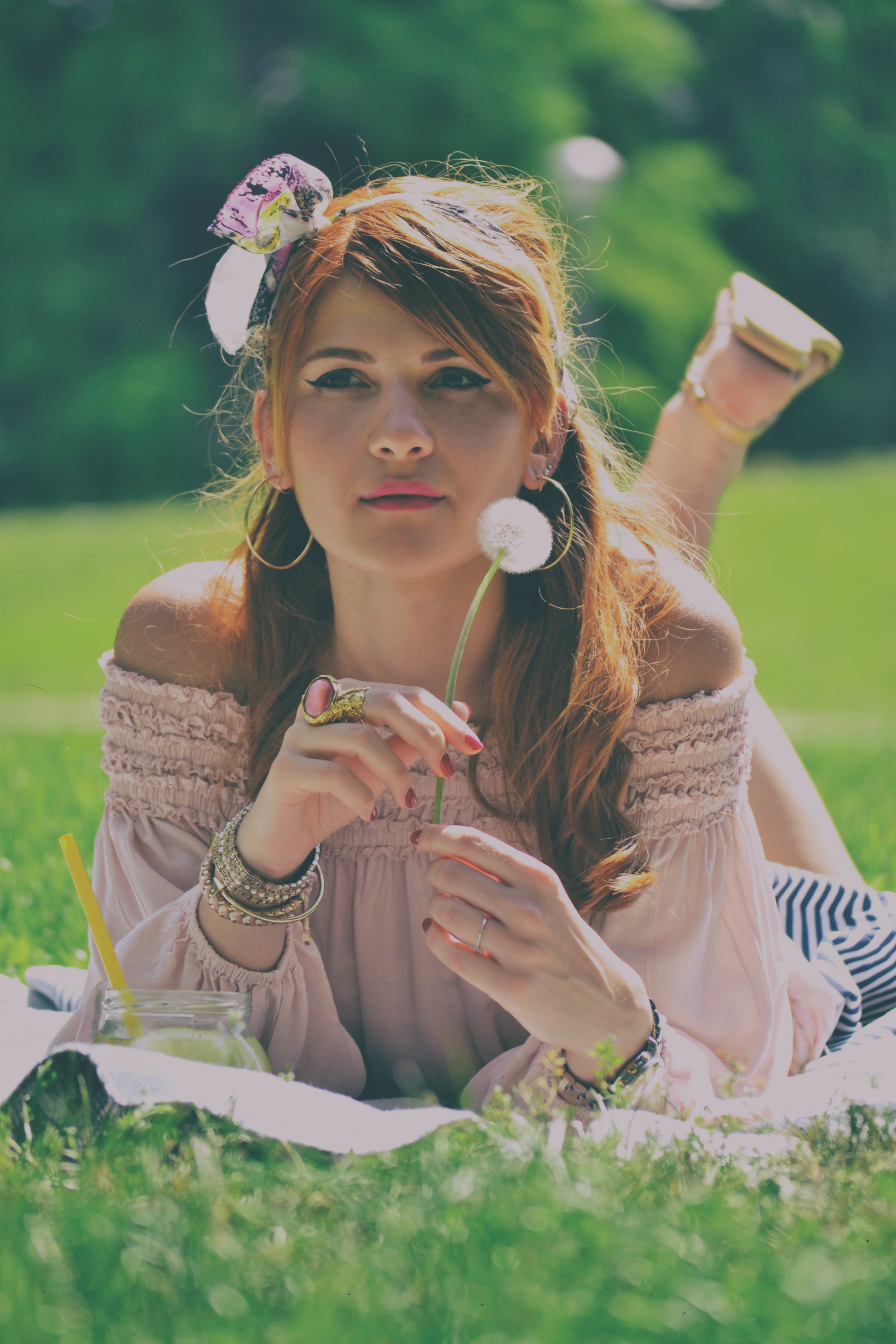 Portrait of Woman Lying on Grass at Daylight Photography, Accessories, Picnic, Lips, Look, HQ Photo
