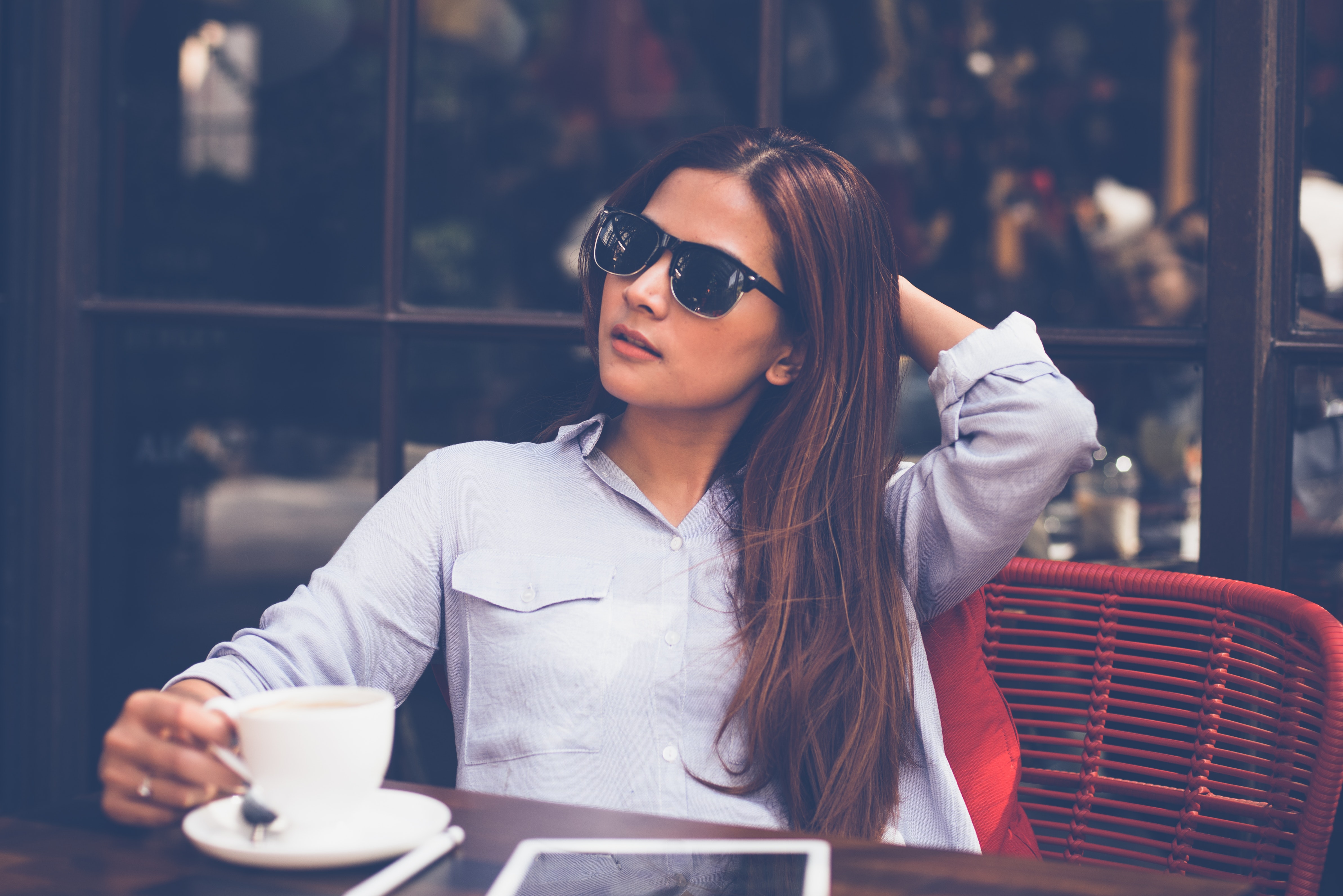 Portrait of Young Woman Drinking Coffee at Home, Adult, Sunglasses, Portrait, Relaxation, HQ Photo