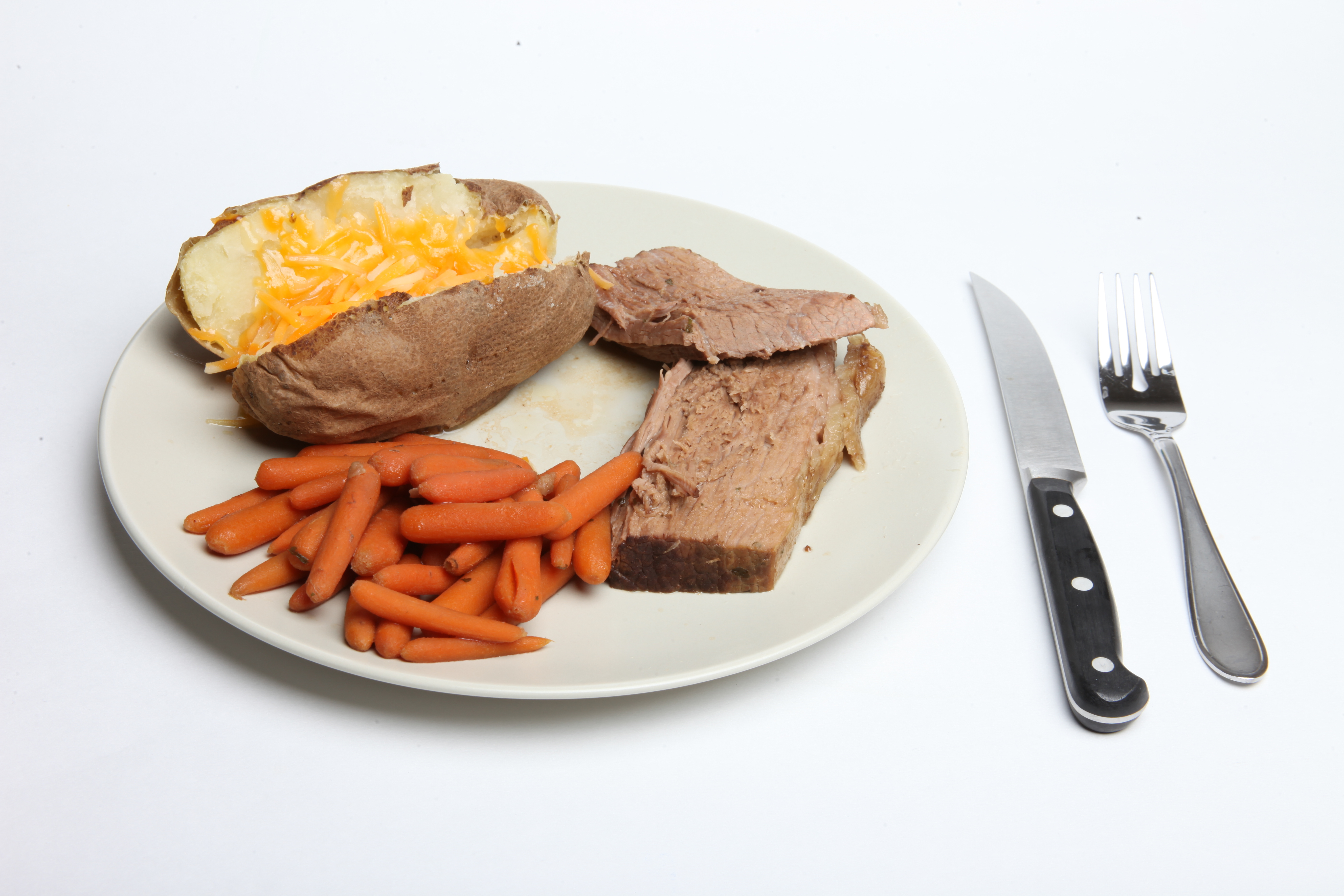 Pot roast, carrots and baked potato photo
