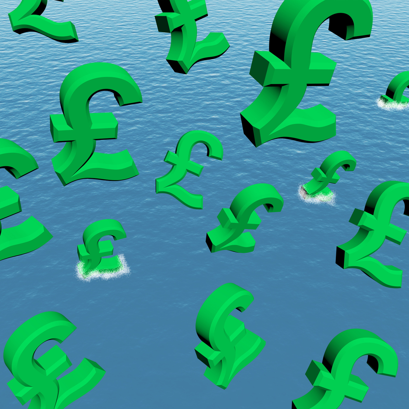 Pounds dropping in the sea showing depression recession and economic d photo