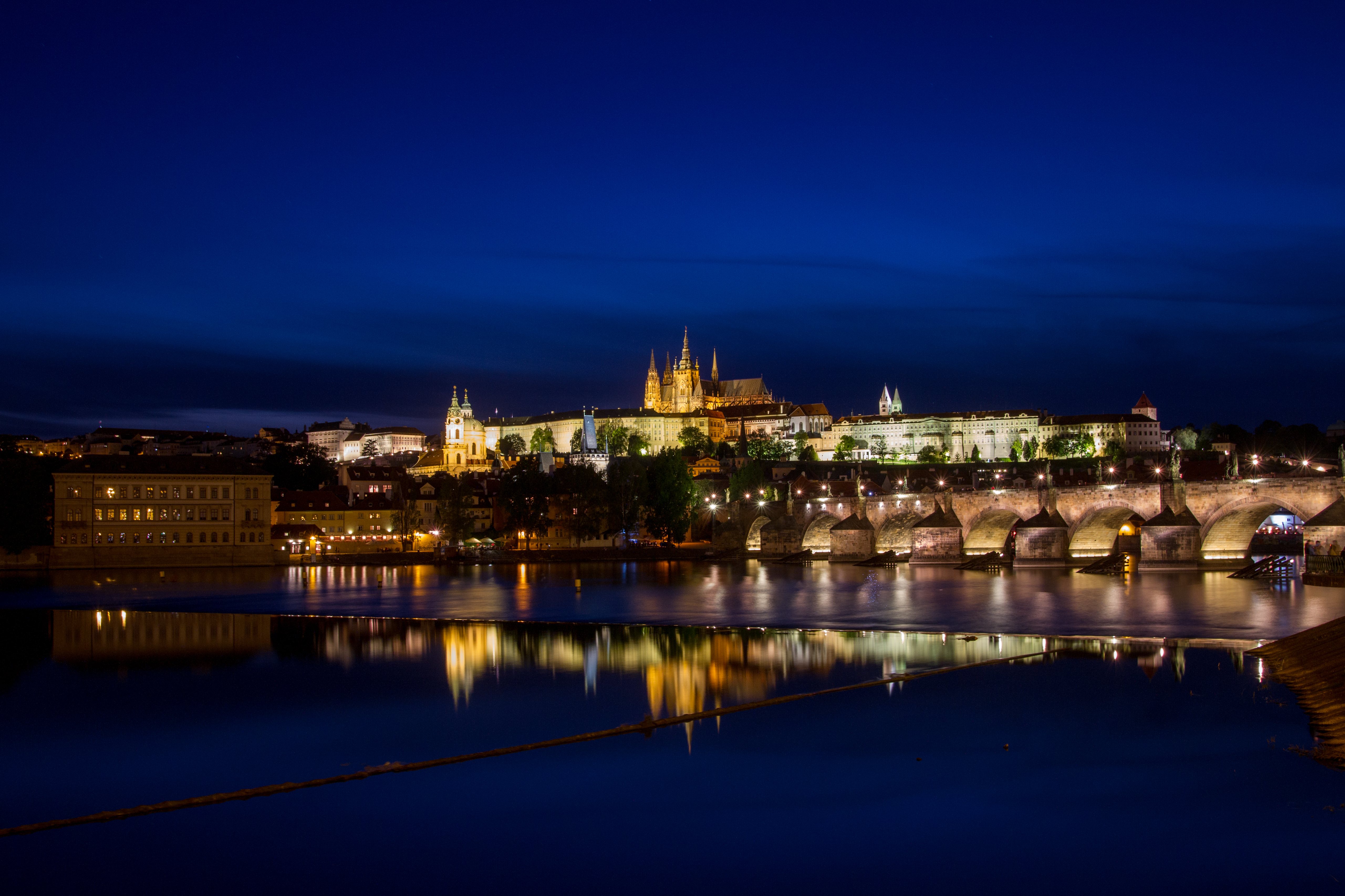 Prague by night, Czech Republic, Architecture, Praga, Water, Vitus, HQ Photo