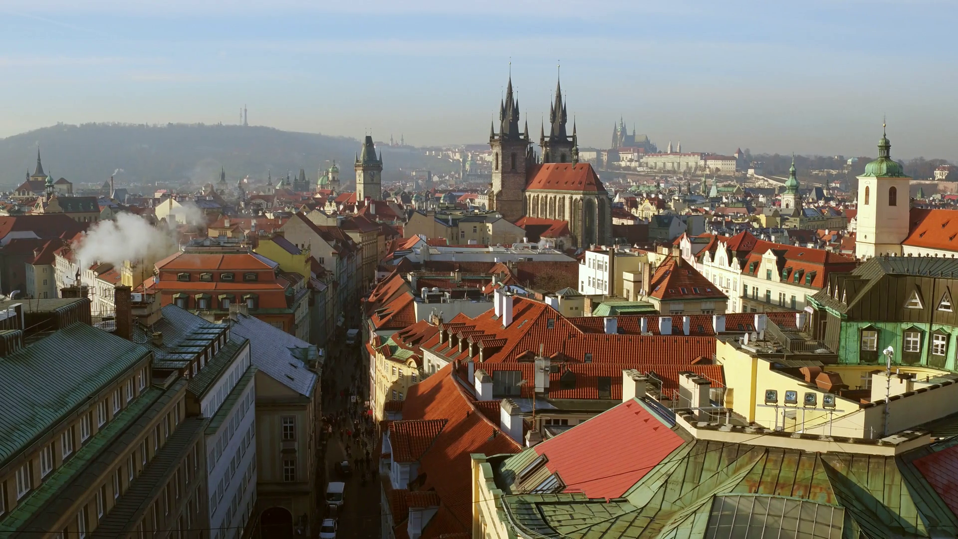 Beautiful roofs of old town of Prague on a sunny day, Czech Republic ...