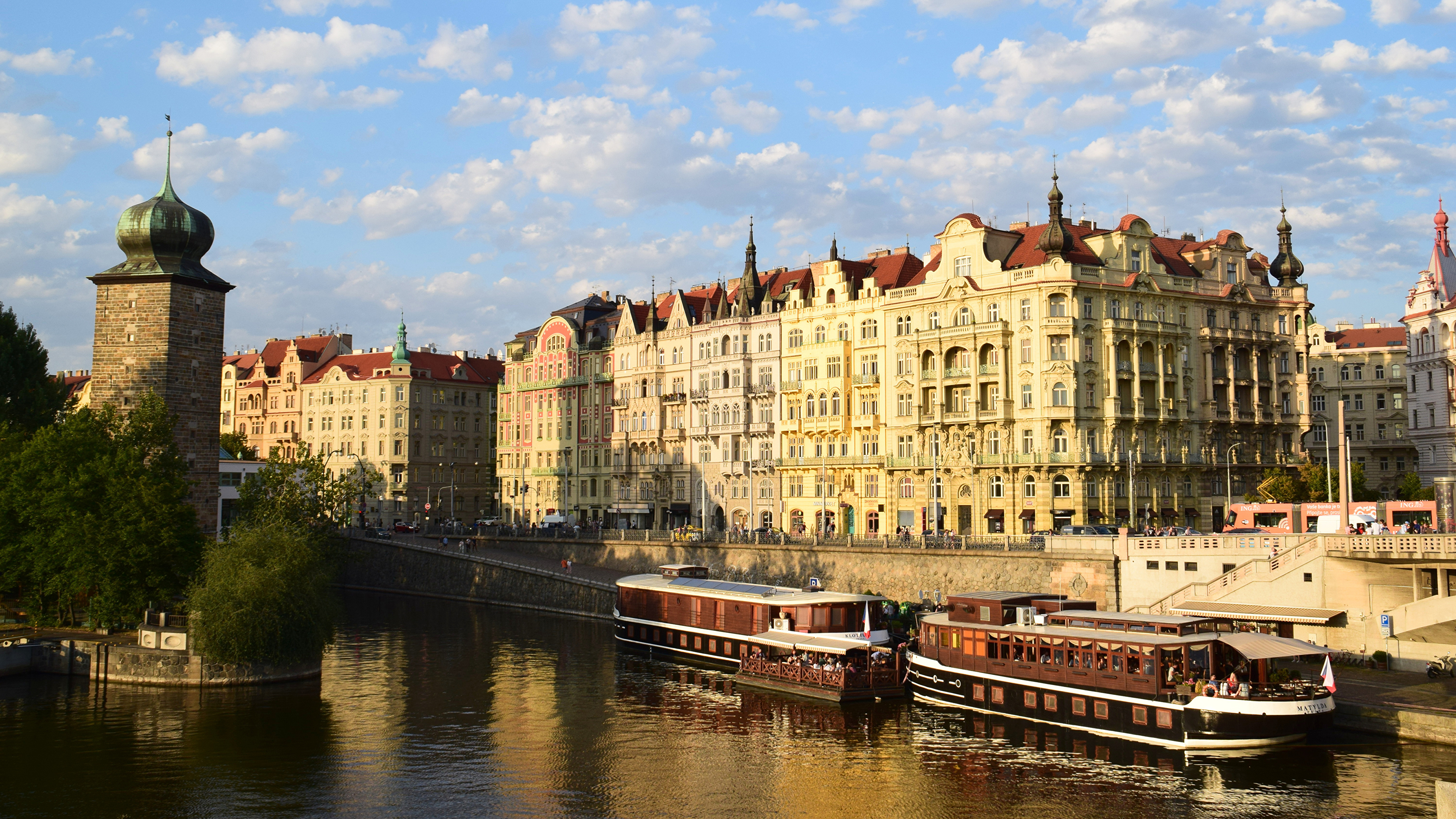 Image Prague Czech Republic Riverboat Pier Rivers Cities 3840x2160