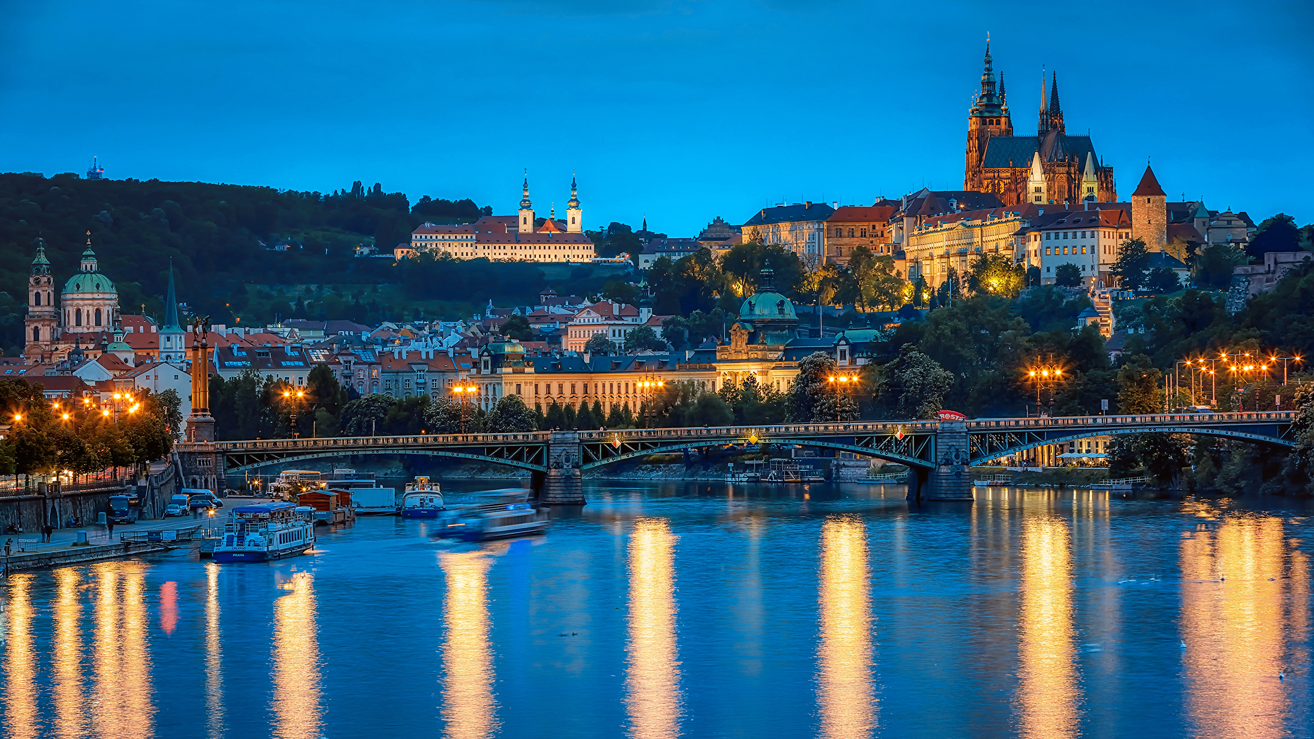 Photo Prague Czech Republic Bridges Riverboat Rivers 2560x1440
