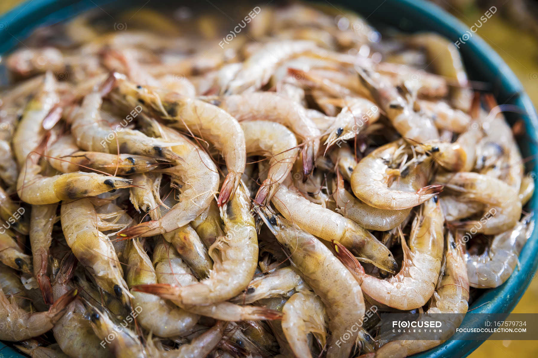 Fresh prawns for sale in brown bowl — Stock Photo | #167579734