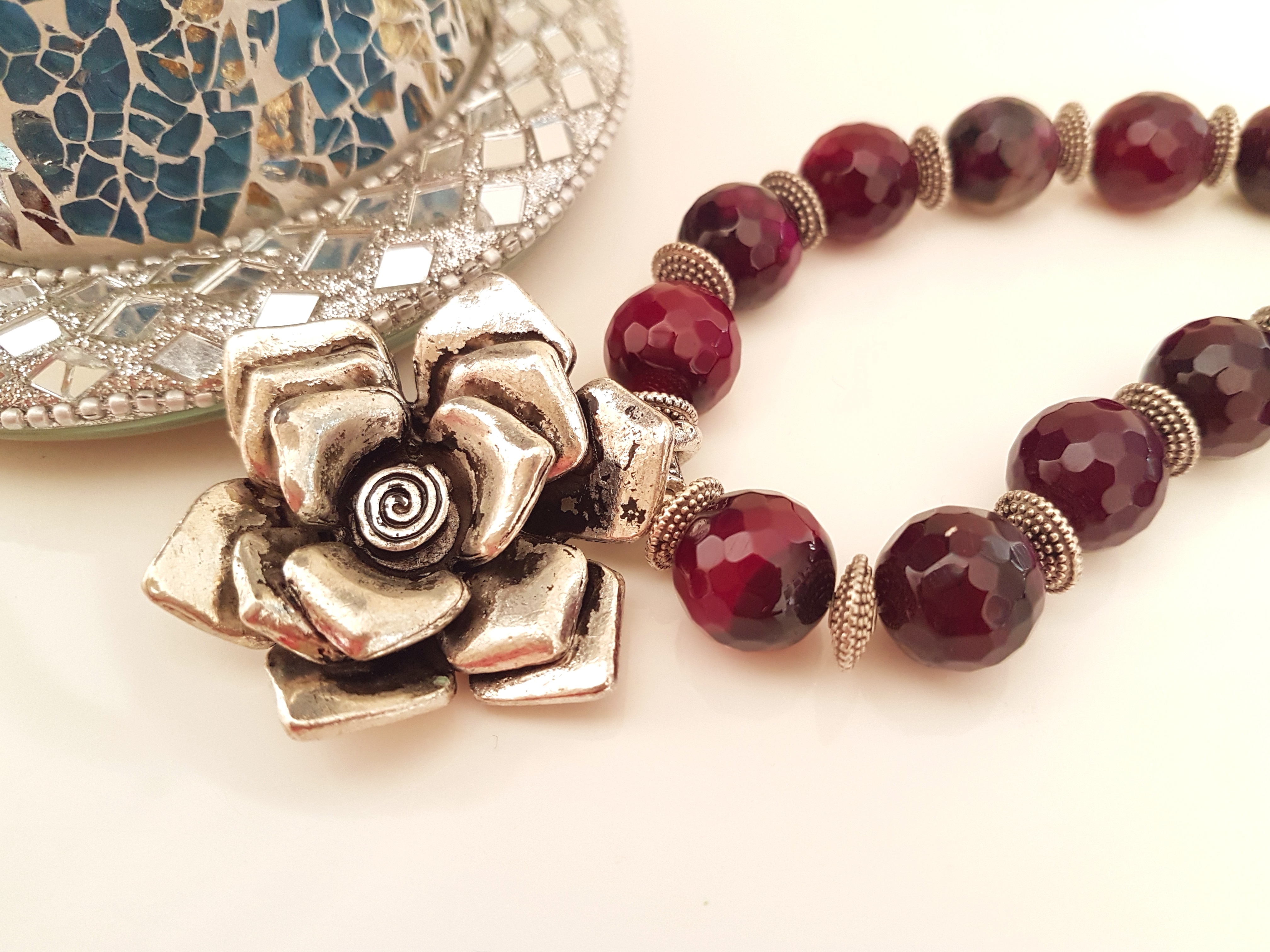 Designer Magenta Semi Precious Garnet with Antique Flower Pendant ...
