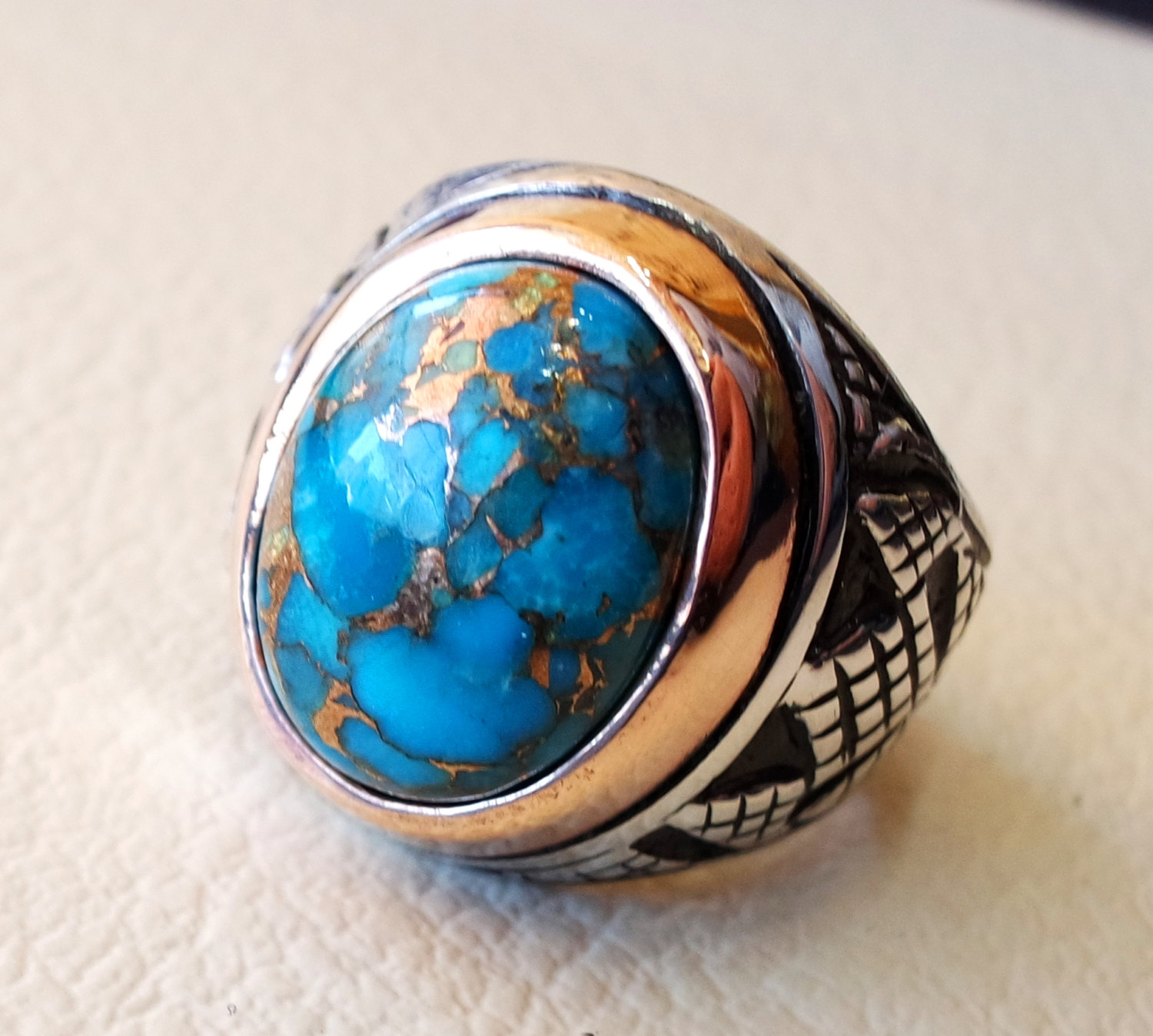 Turquoise blue natural copper stone ring sterling silver 925