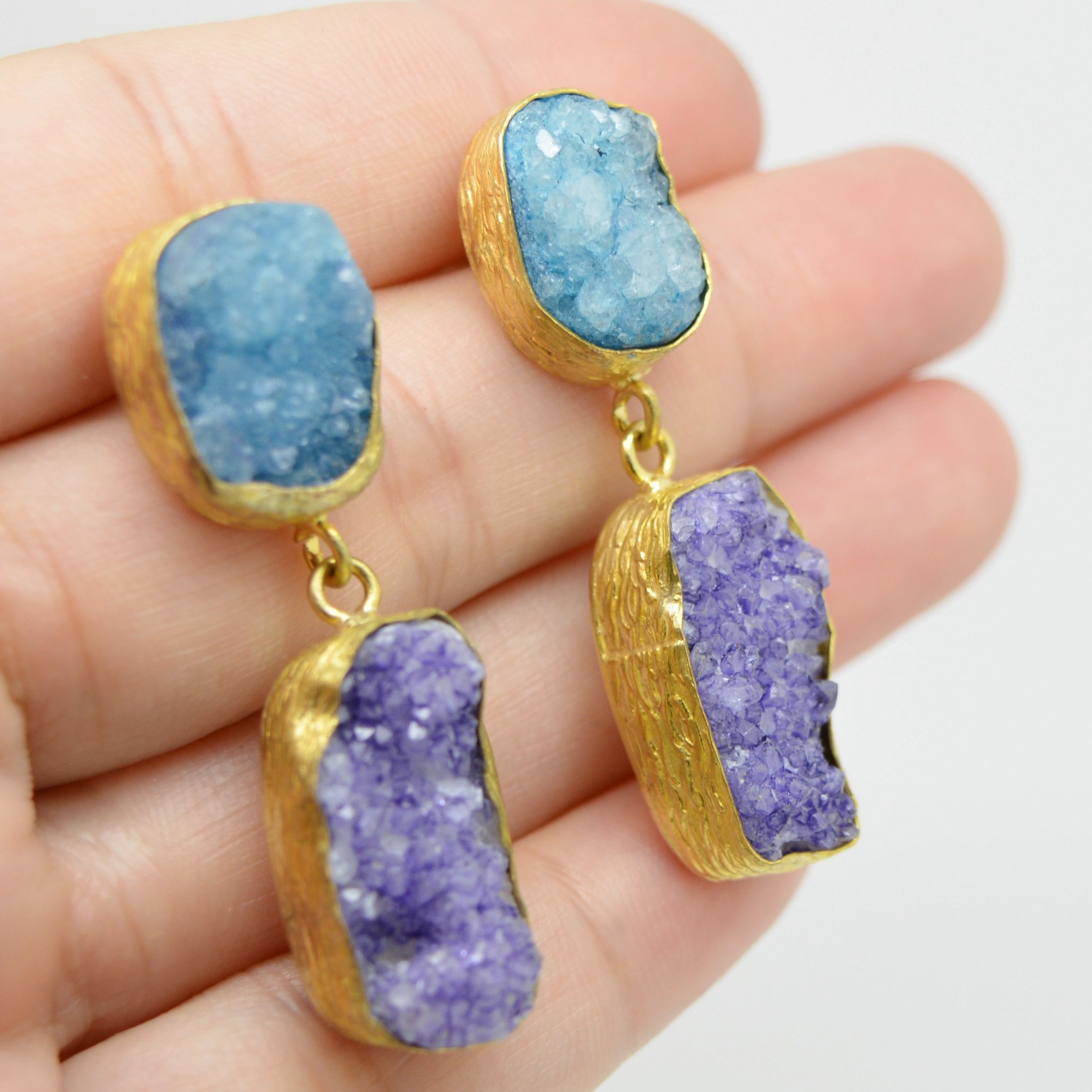 Aylas gold plated semi precious gem stone earrings Druzy Sapphire Emer