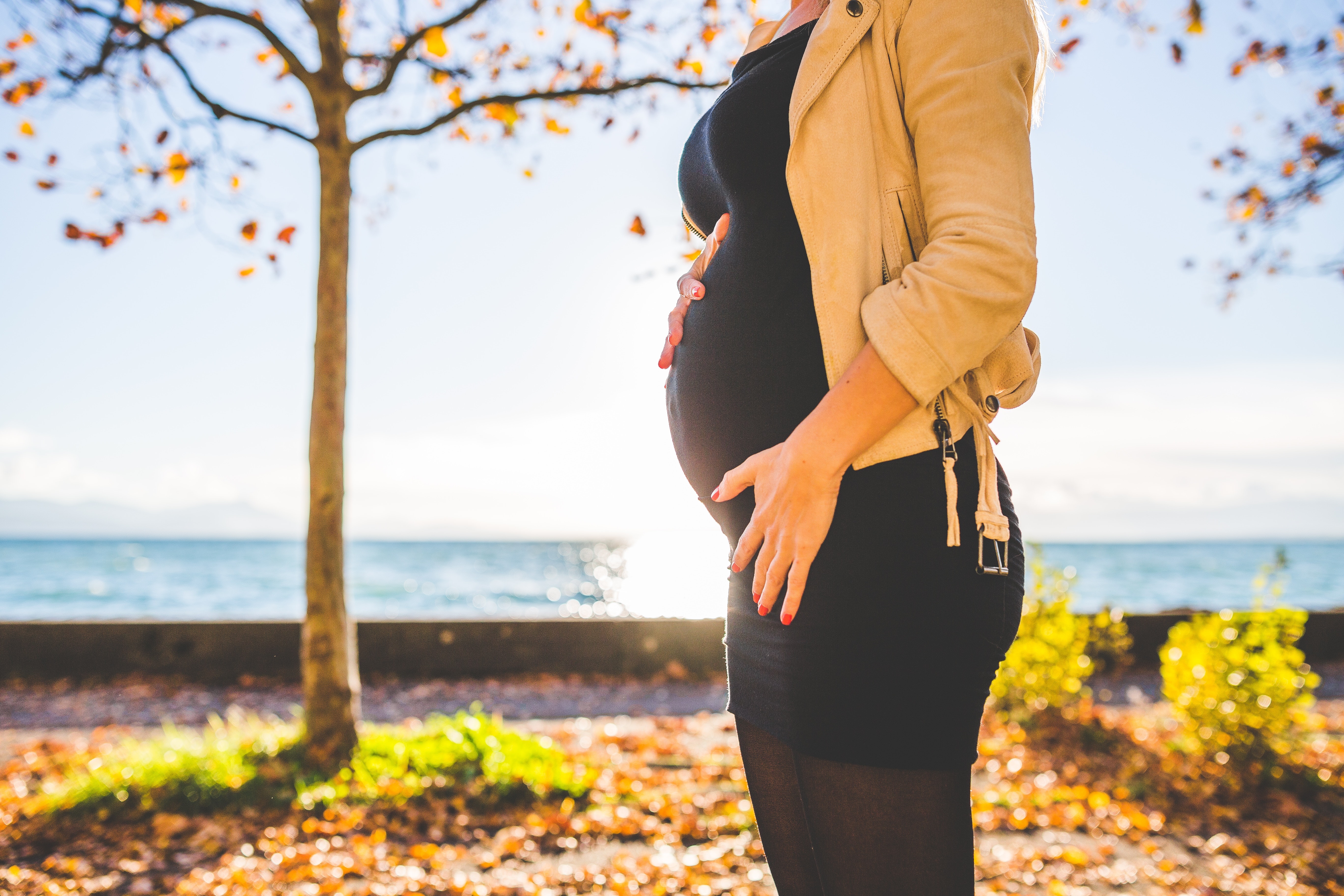 Pregnant woman wearing beige long sleeve shirt standing near brown tree at daytime photo