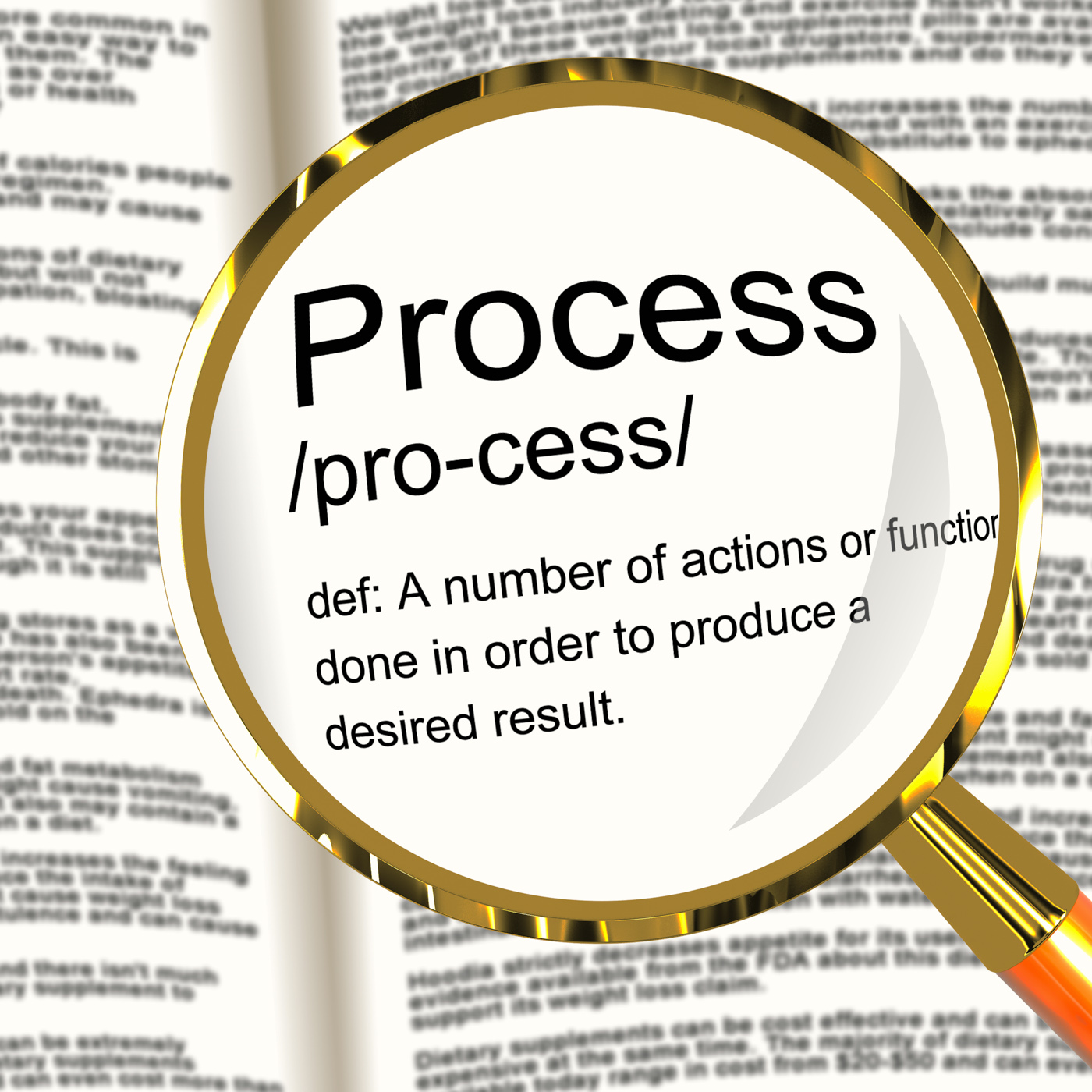 Process definition magnified showing result from actions or functions photo