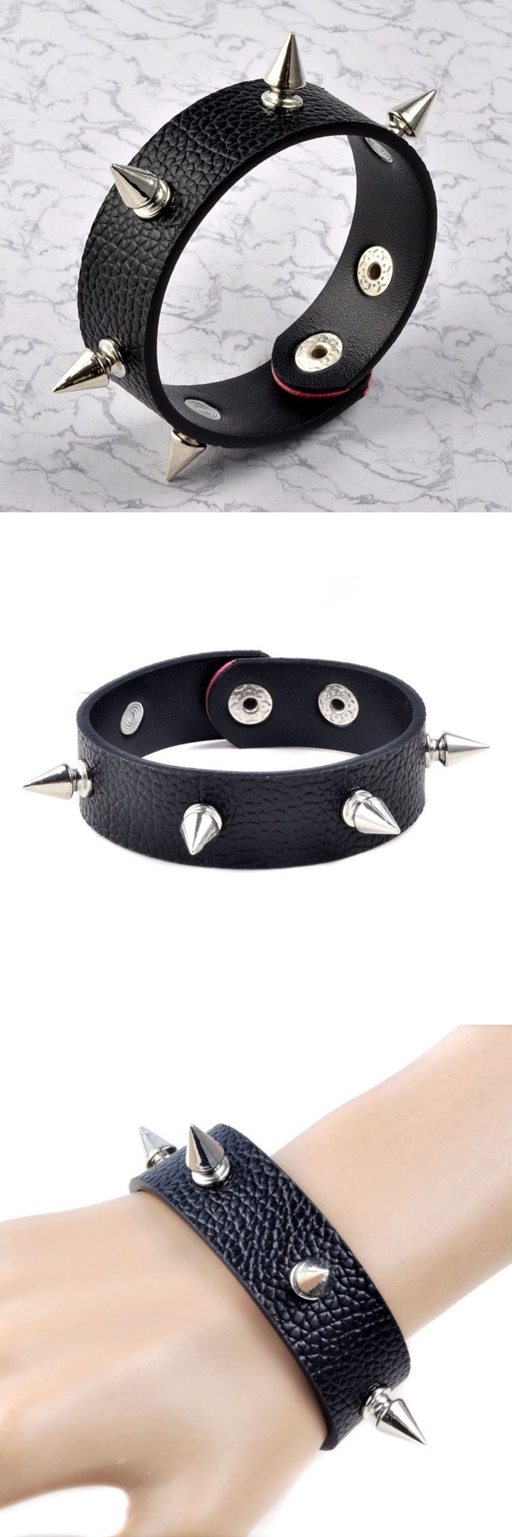 Sexy Punk Gothic Silver Spike Rivet Cone Black PU Leather Bracelet ...