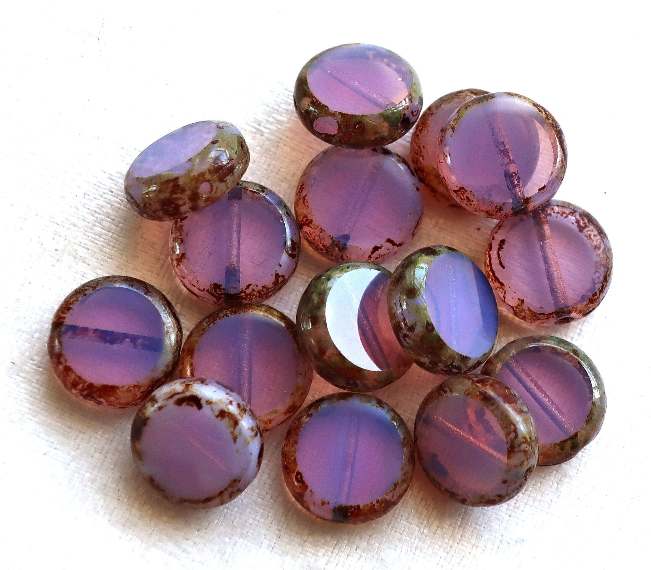 15 lilac Czech glass coin, disc beads, flat round beads, translucent ...