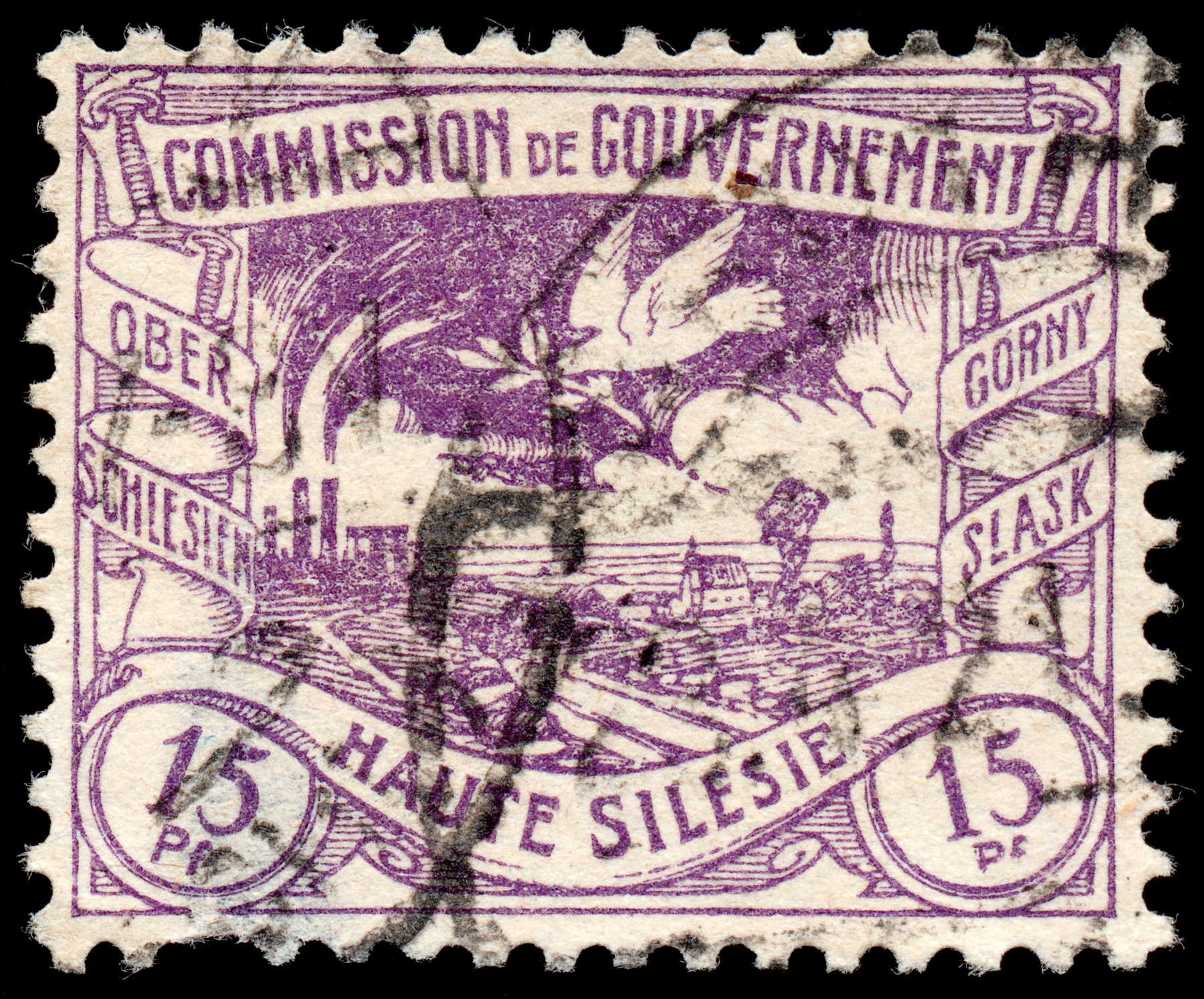 Purple coal mine and pigeon stamp photo