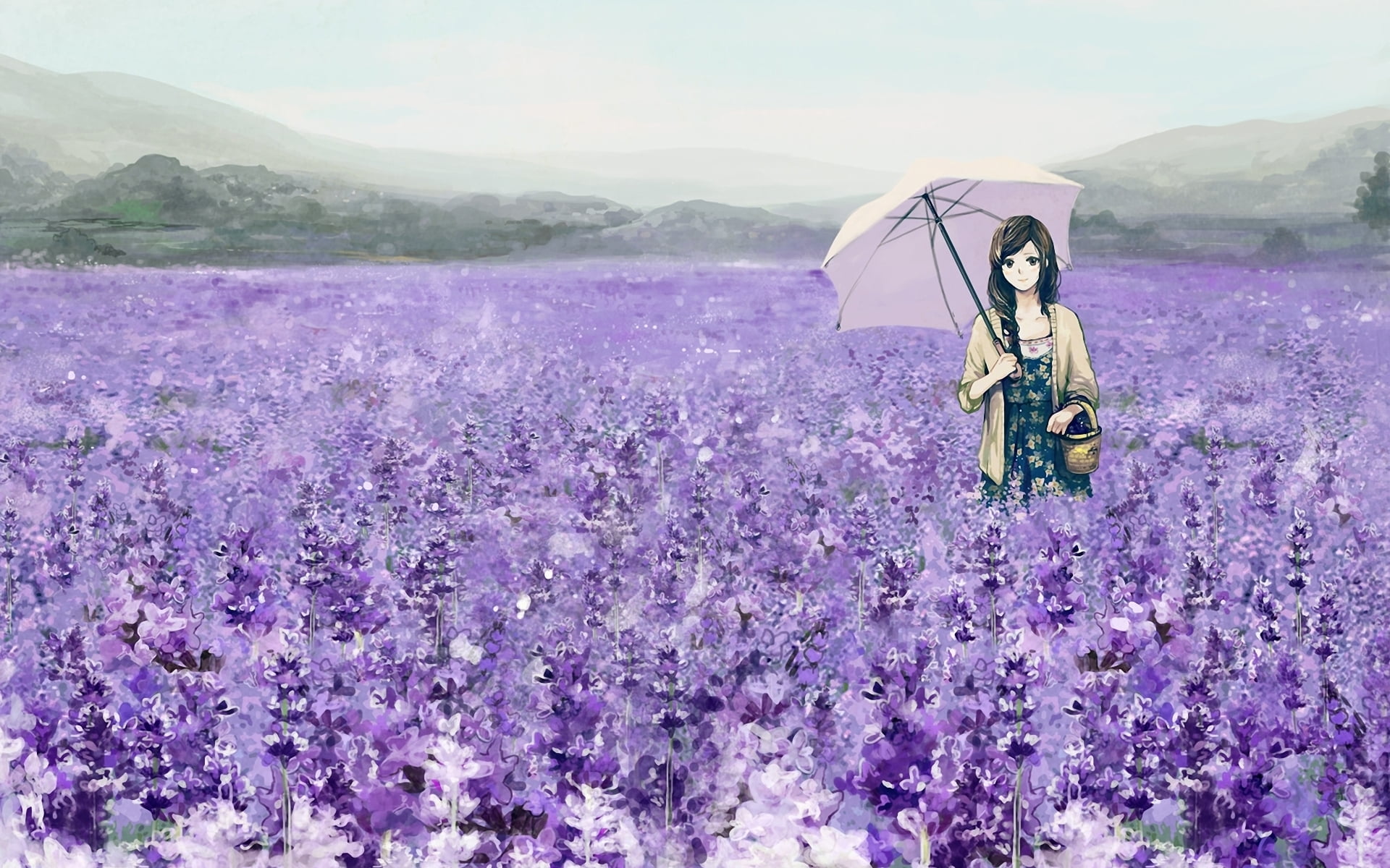 Girl anime character on purple flower field HD wallpaper | Wallpaper ...