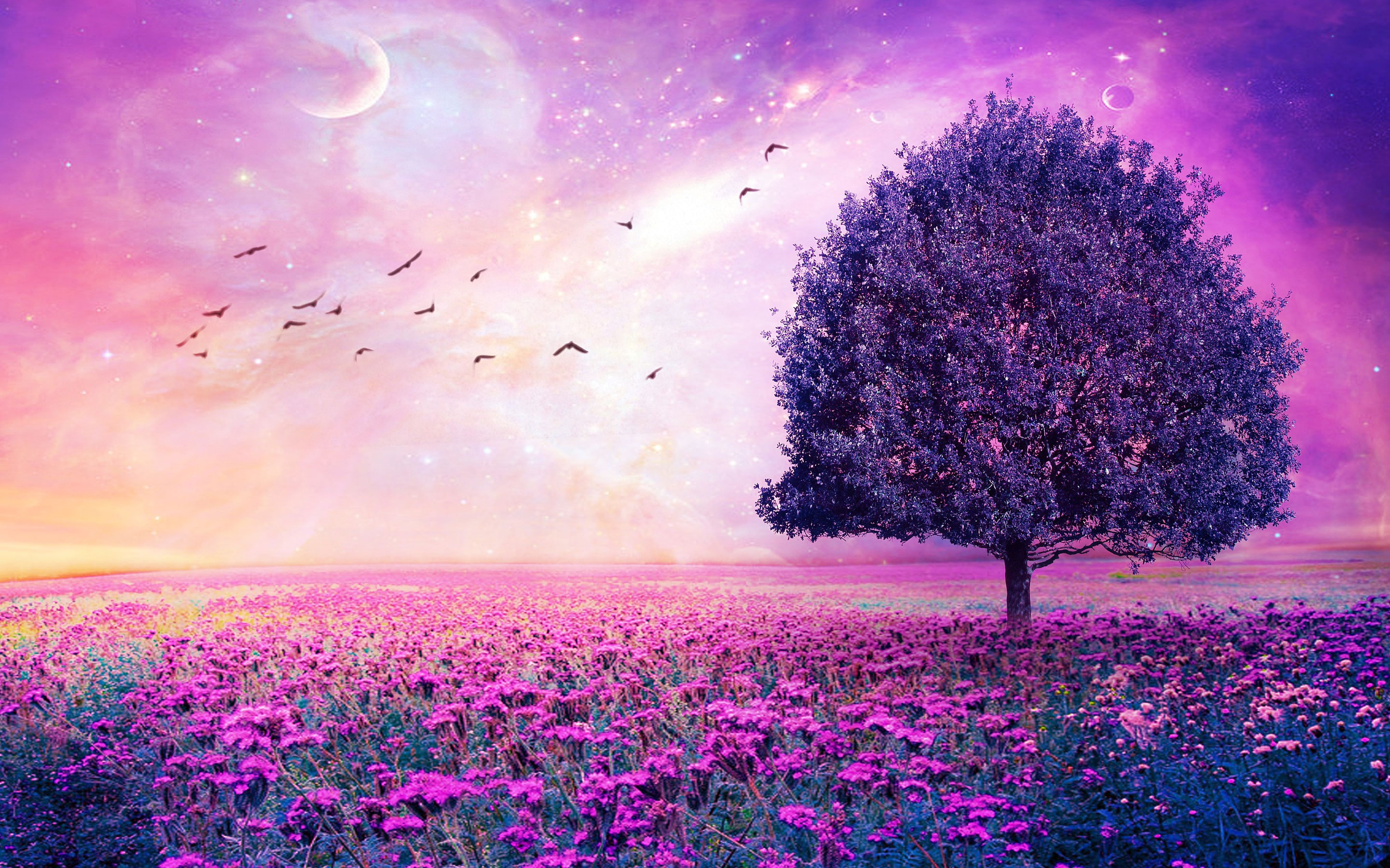Purple Flowers Field Art Tree Wallpaper