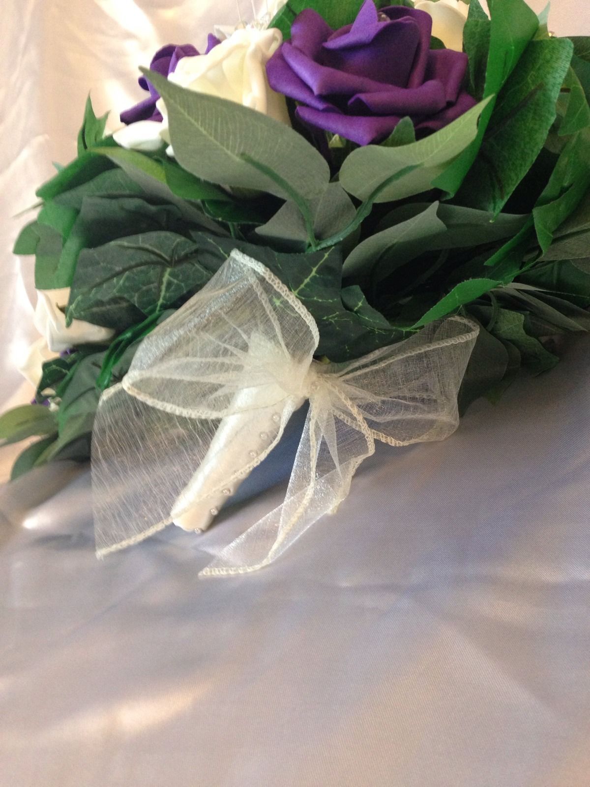 WEDDING FLOWERS IVORY PURPLE ROSE BRIDE SHOWER TEARDROP BOUQUET ...