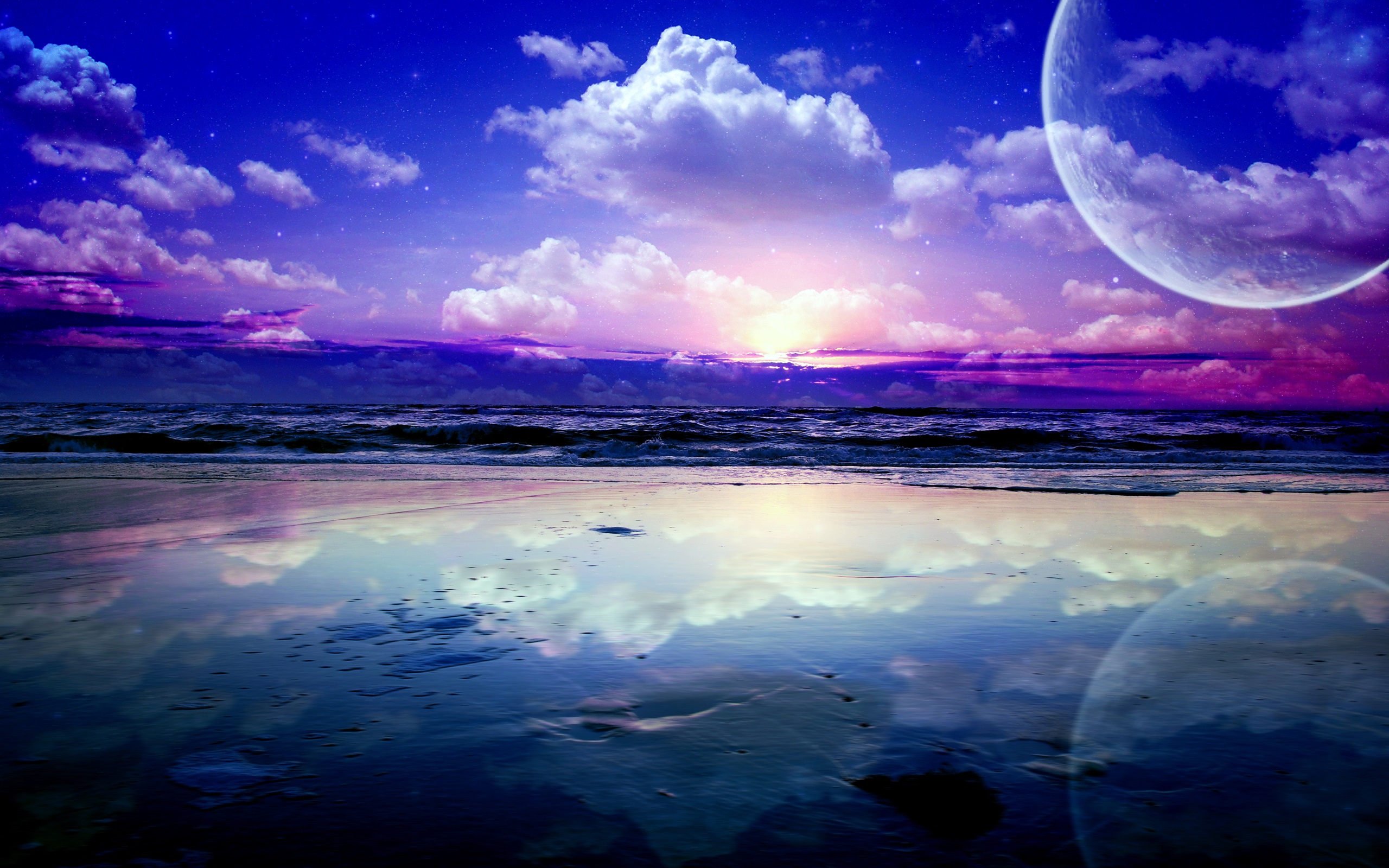 Art landscape, sea, waves, planets, sky, clouds, stars, water ...