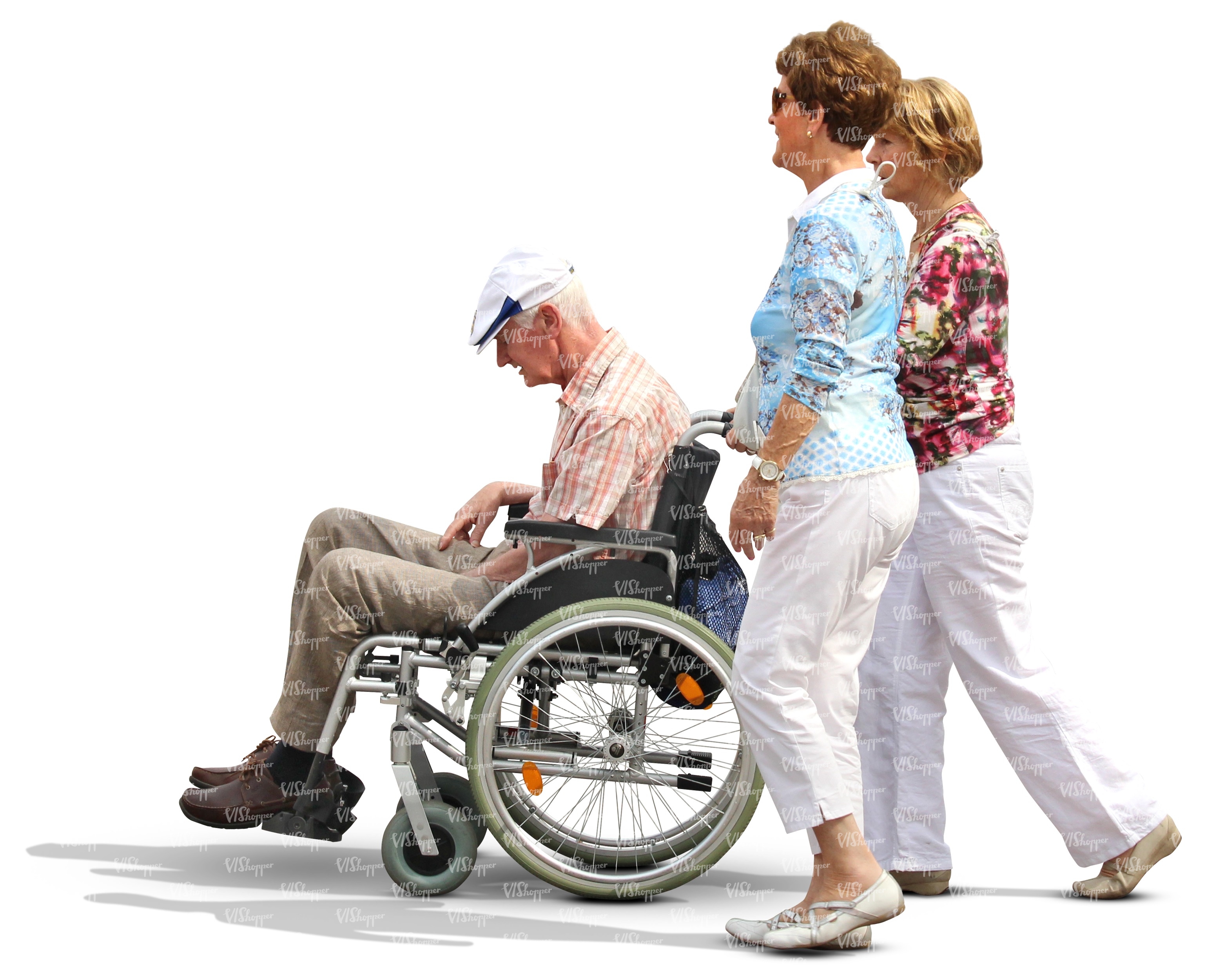 two women pushing a man in a wheelchair - cut out people - VIShopper